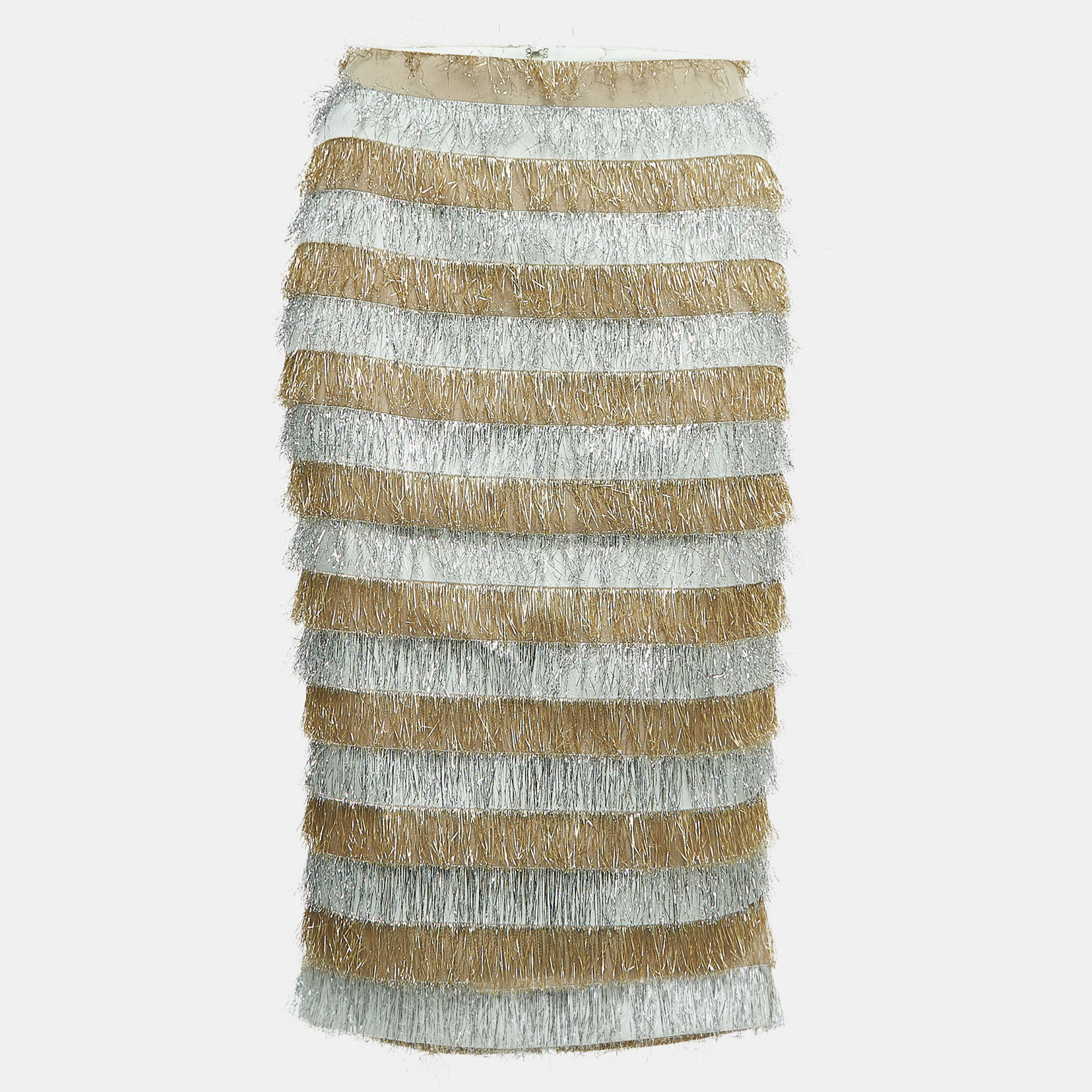 

Max Mara Gold/Silver Metallic Fringed Crepe Gavetta Skirt