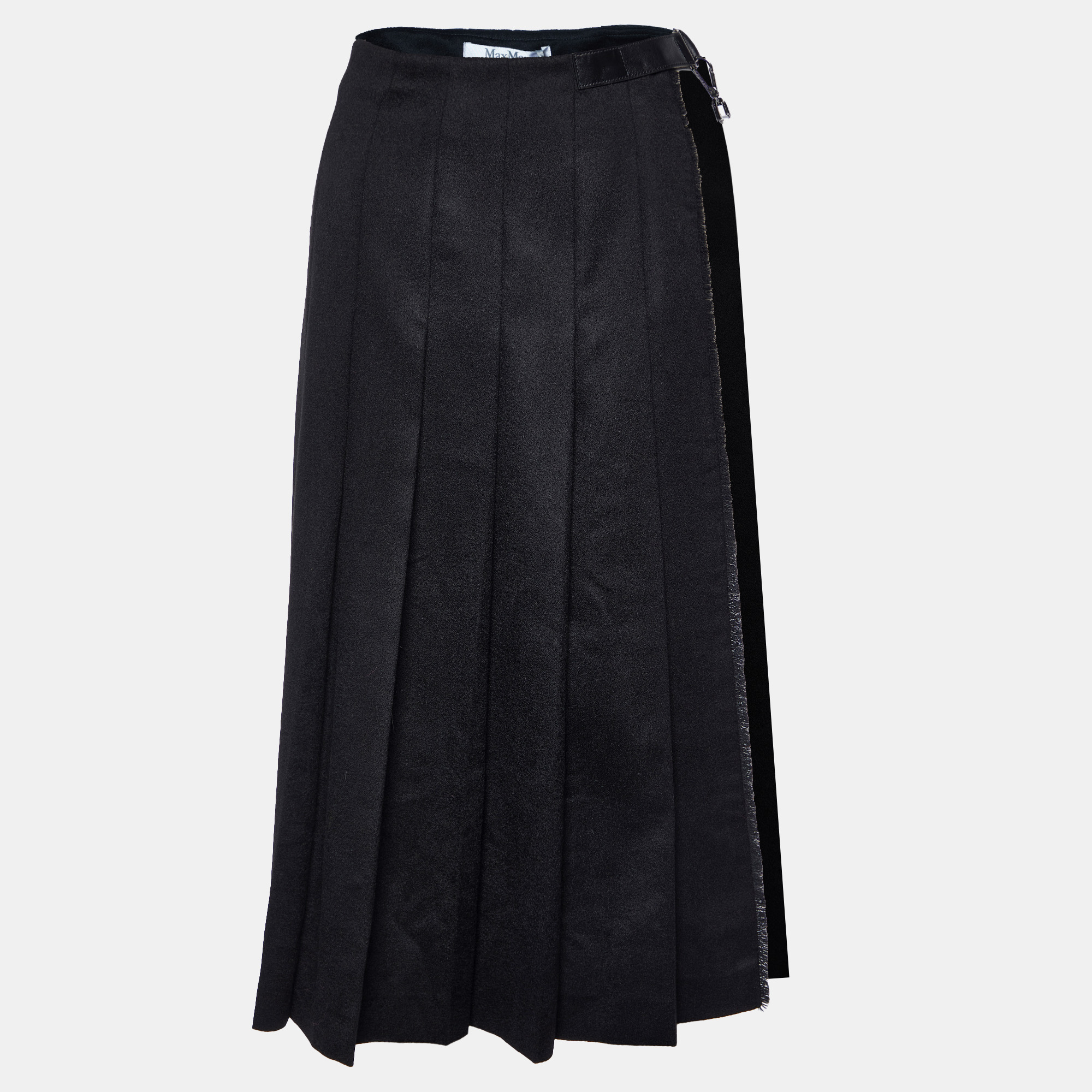 Pre-owned Max Mara Black Camel Wool Side Open Plata Kilt Skirt L