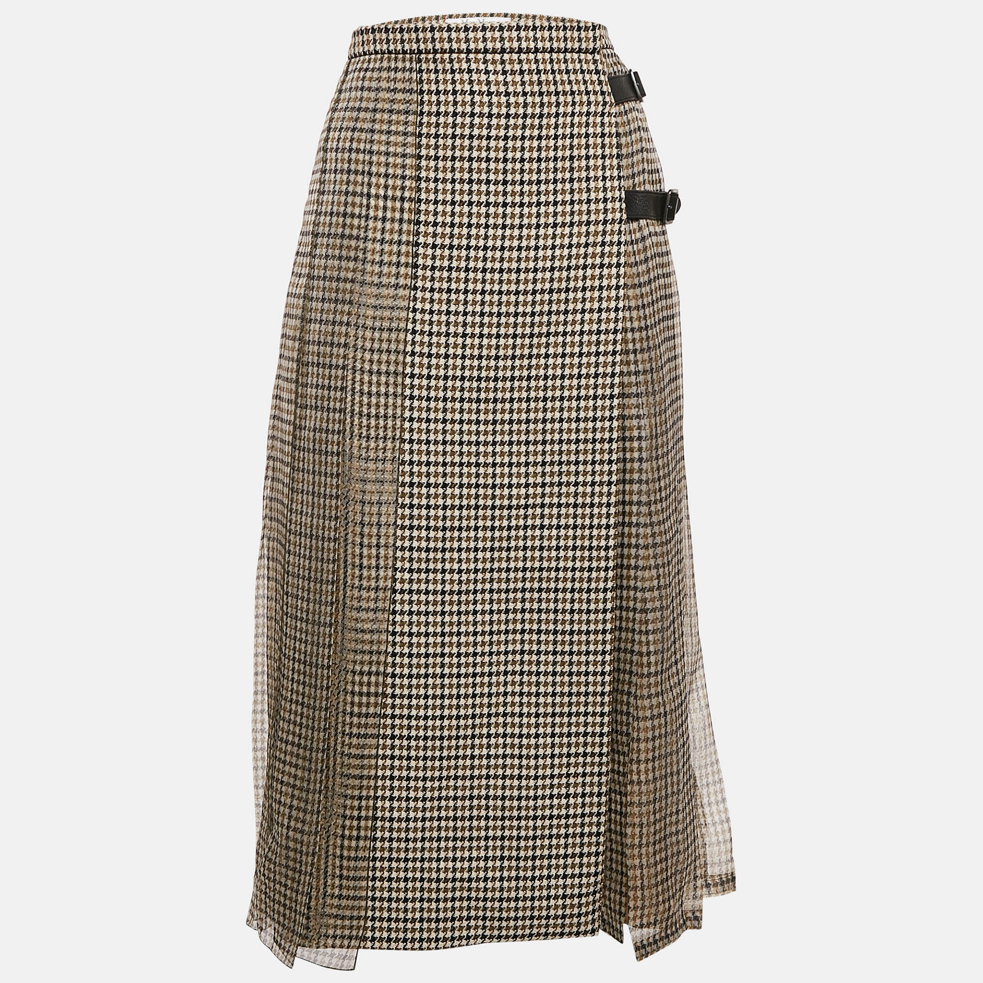 

Max Mara Sfilata Brown Houndstooth Wool and Silk Leather Trim Midi Skirt M