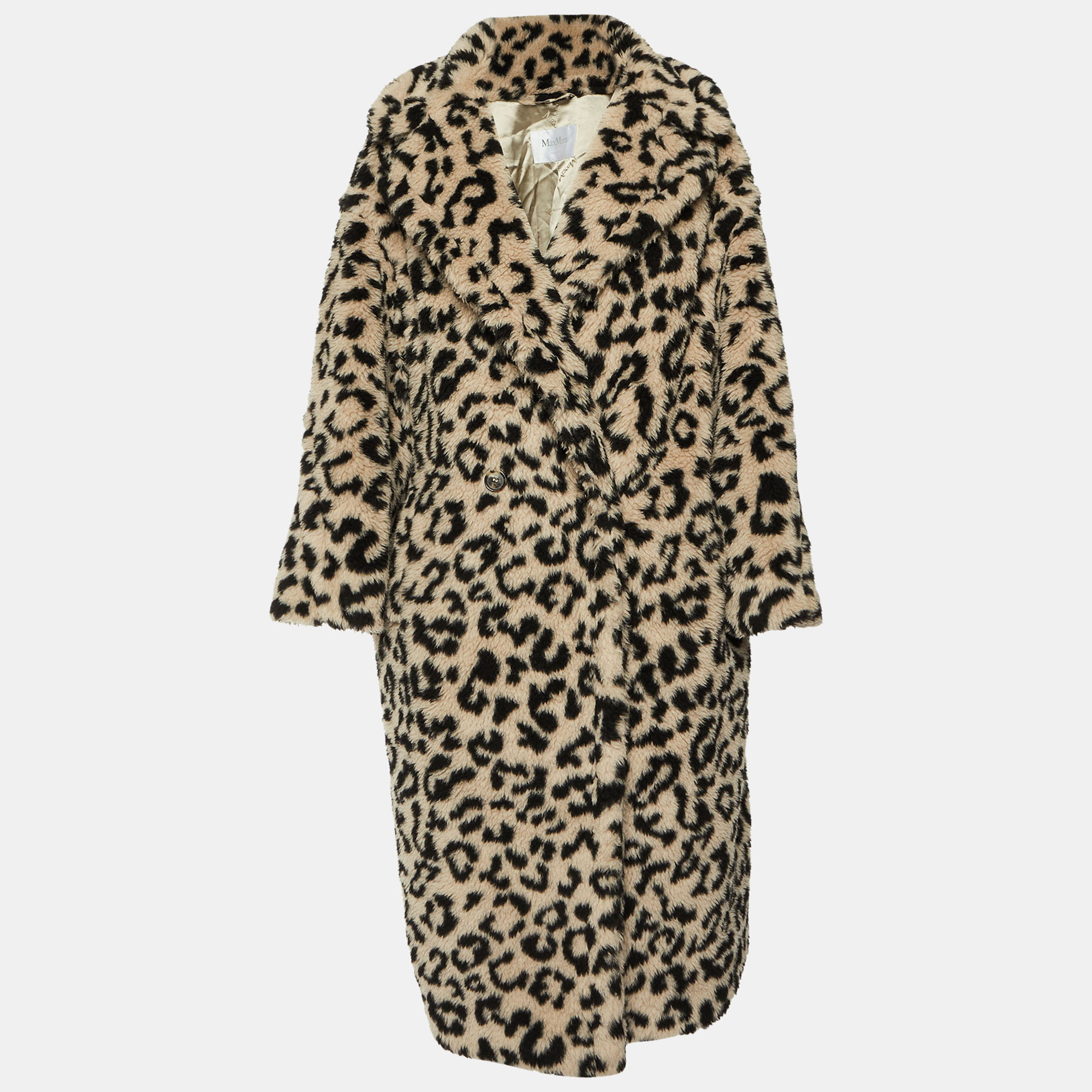 

Max Mara Pale Beige Leopard Print Alpaca Wool Teddy Bear Coat L