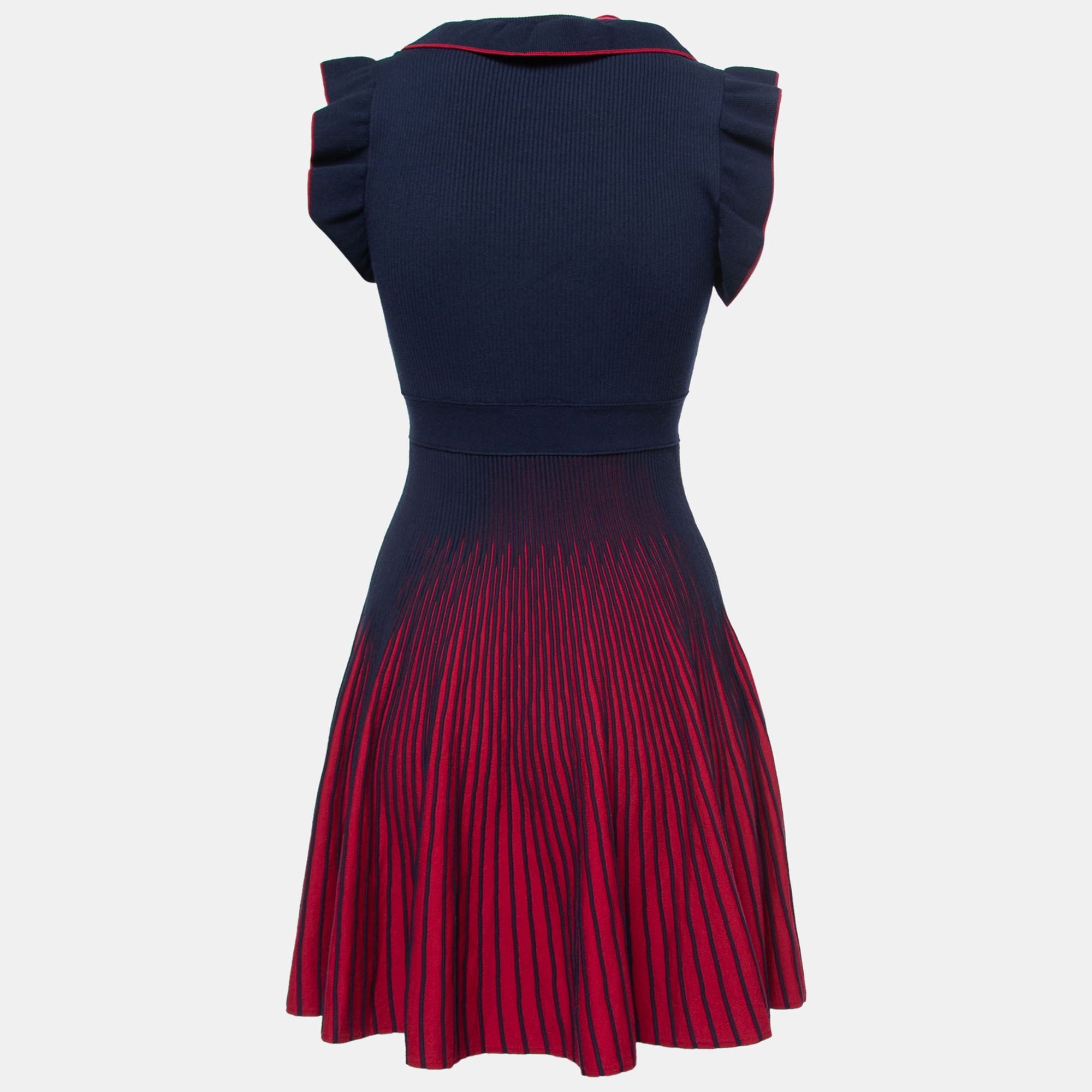 

Max Mara Shine Navy Blue & Red Knit Ruffled Flared Dress