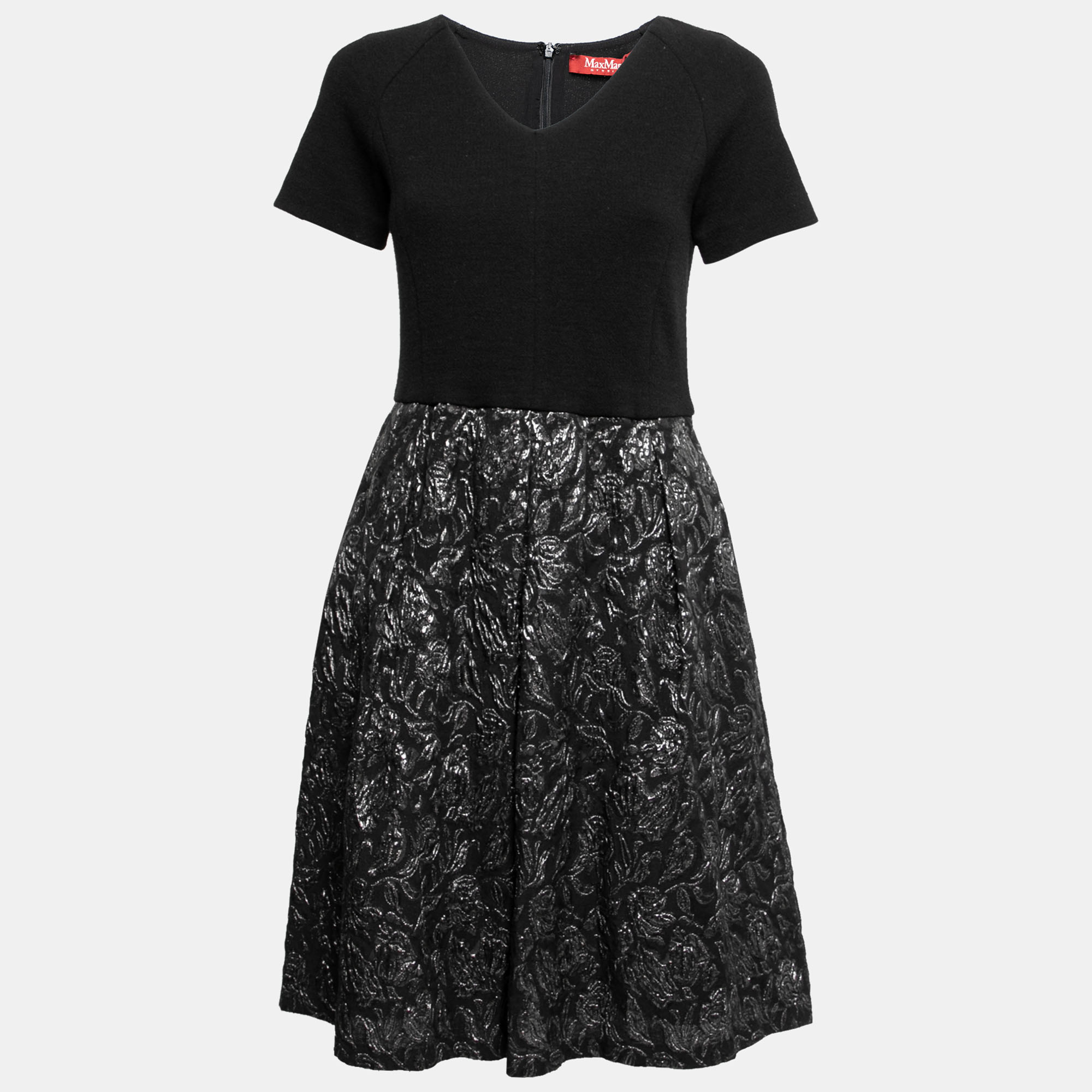 Pre-owned Max Mara Black And Metallic Floral Jacquard And Knit Dress L