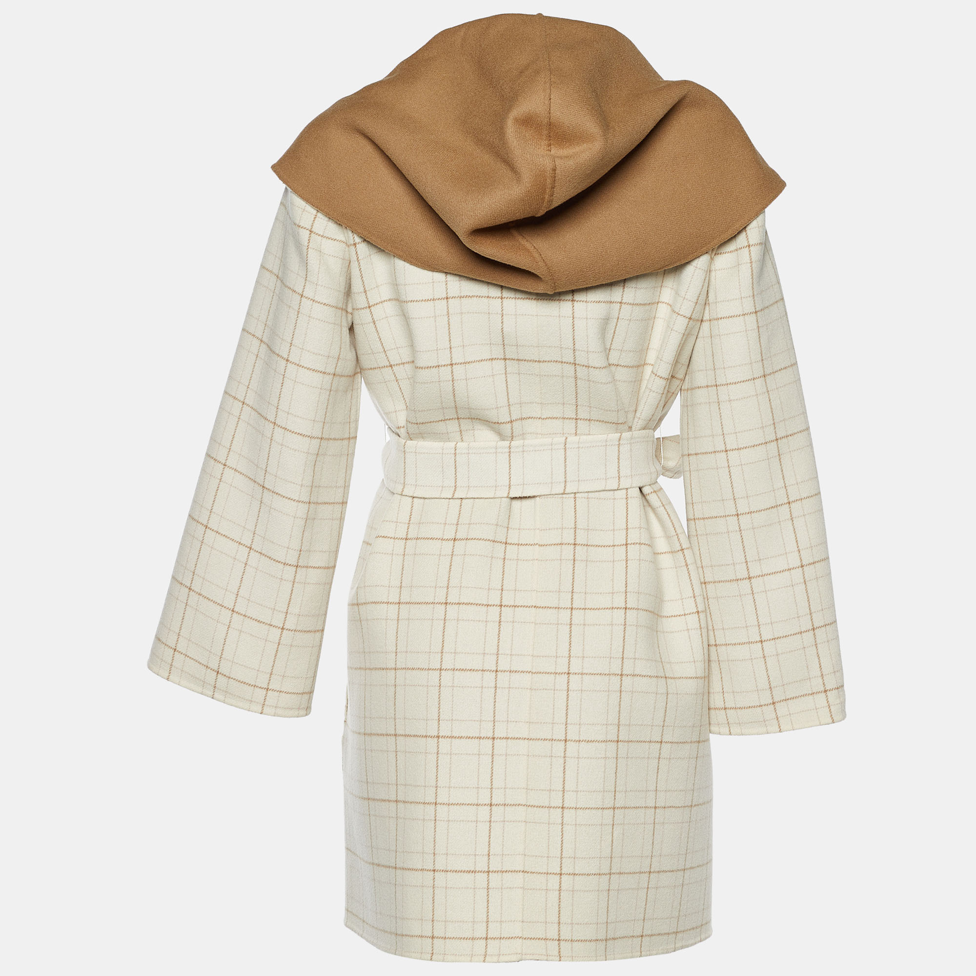 

Max Mara Studio Cream Checked Wool Open Front Hooded Belted Coat