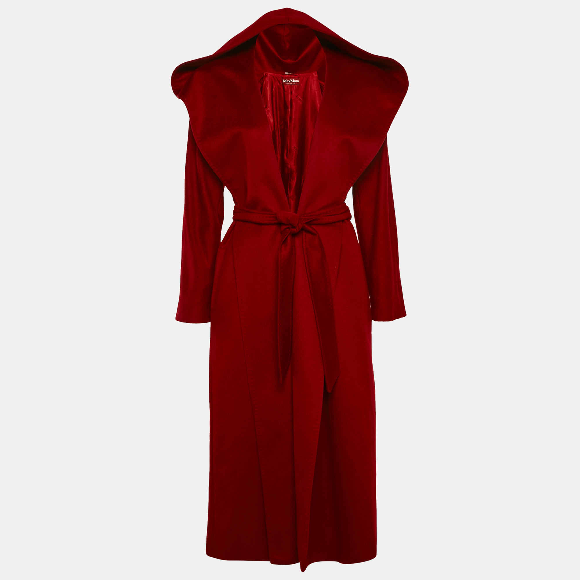 

Max Mara Studio Red Cashmere Open Front Hooded Long Coat S