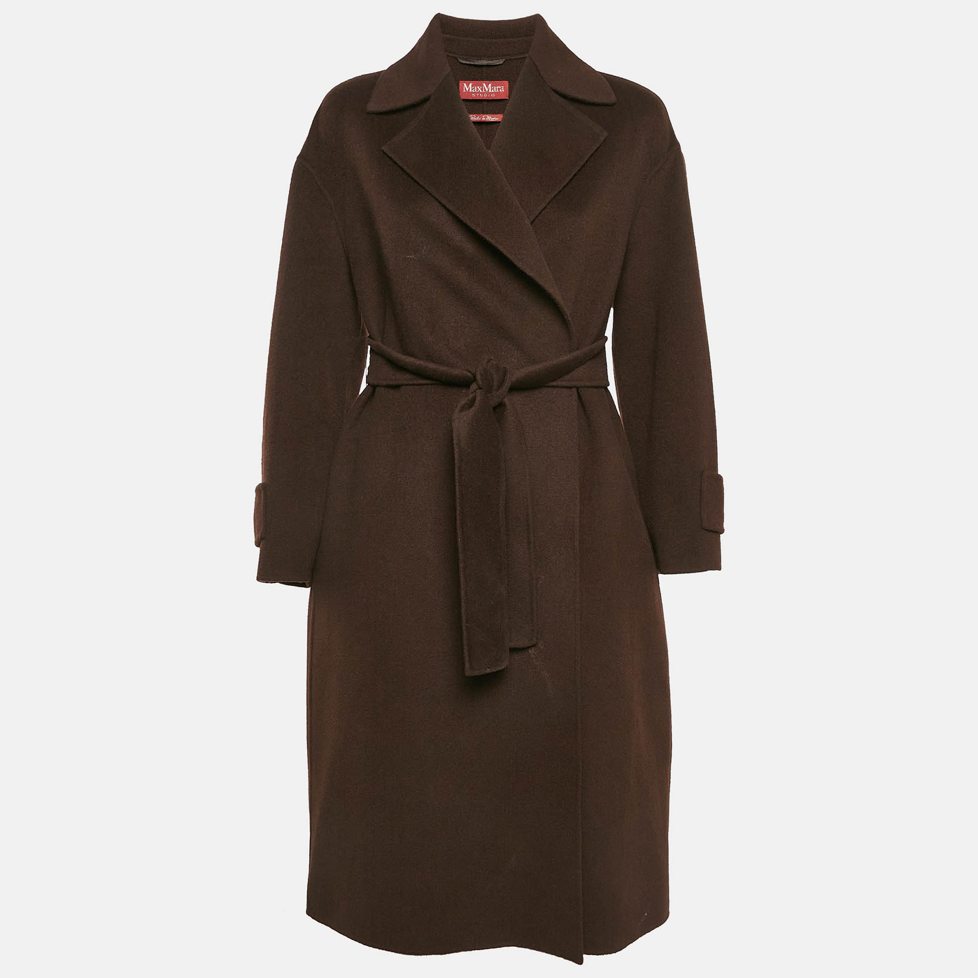 

Max Mara Studio Brown Virgin Wool and Cashmere Open Front Belted Long Coat S