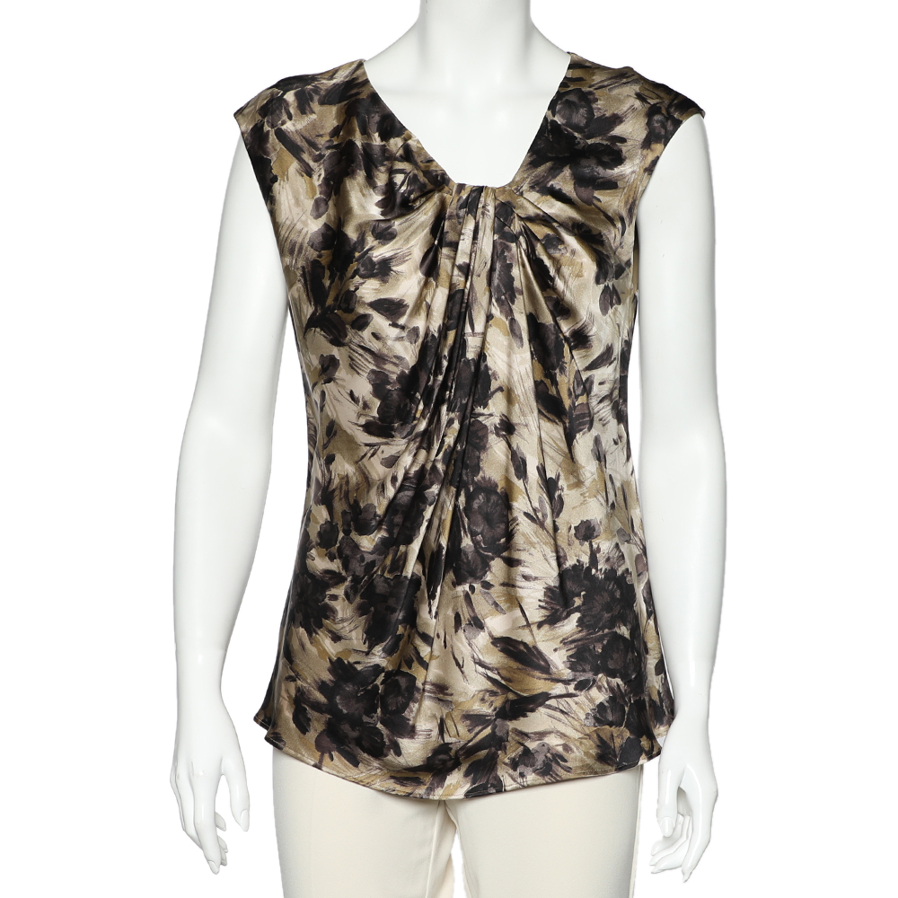 

Max Mara Studio Brown Floral Printed Silk Draped Sleeveless Top S