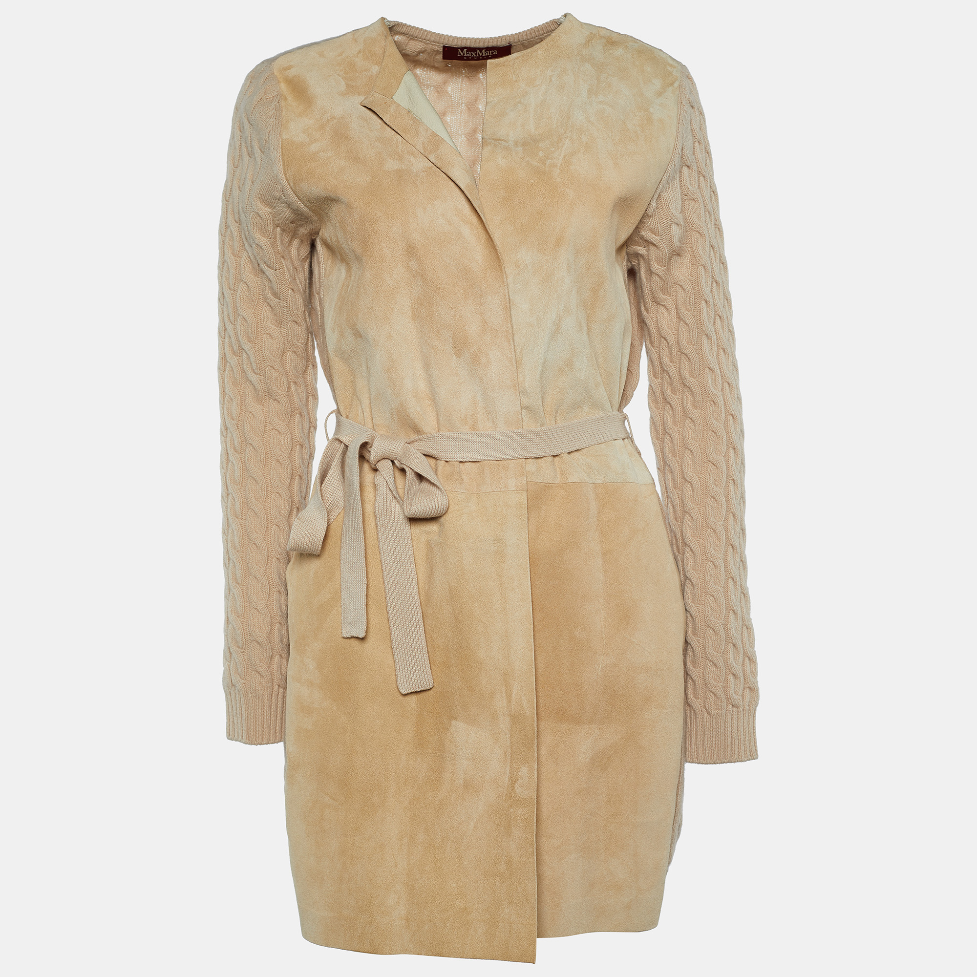 Pre Owned Max Mara Studio Beige Cable Knit & Suede Paneled Cardigan M