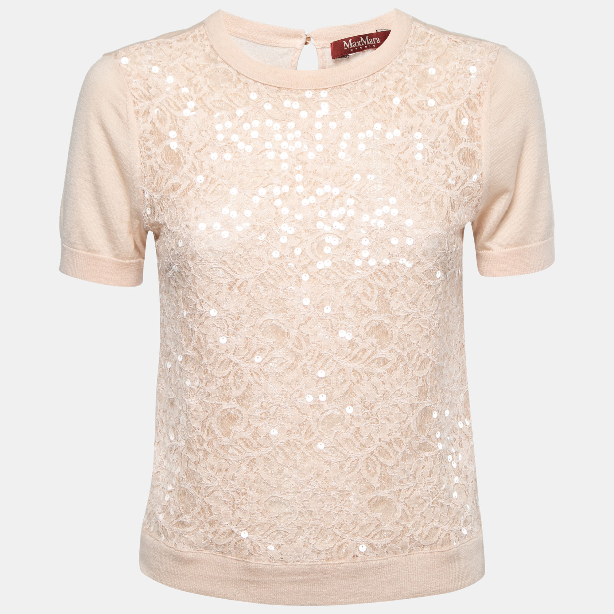 Pre-owned Max Mara Pale Pink Lace Sequined Paneled Top S