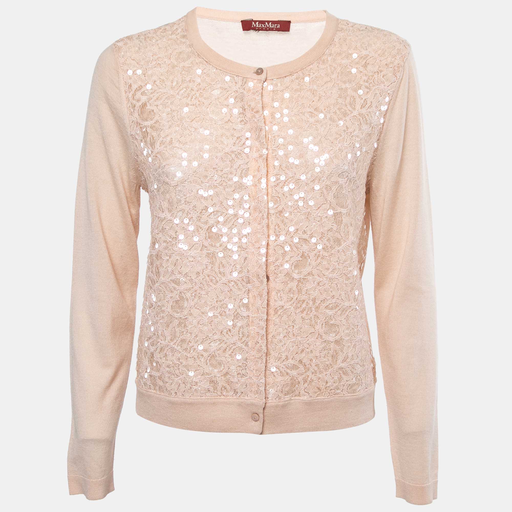 Pre-owned Max Mara Peach Lace Sequin Paneled Cardigan S In Pink
