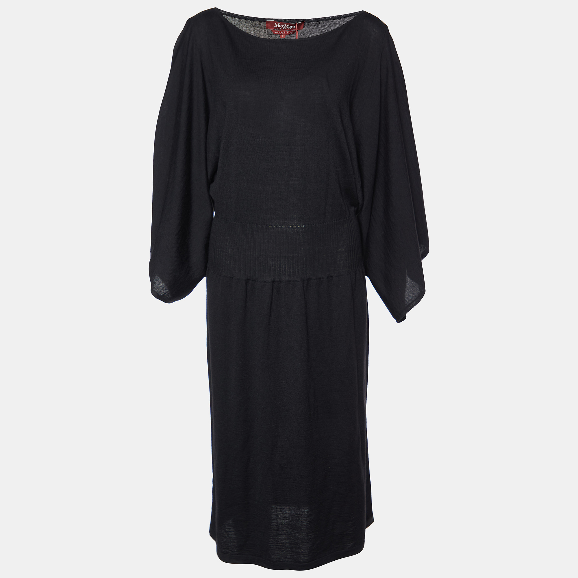 Pre-owned Max Mara Black Wool Knit Midi Dress L