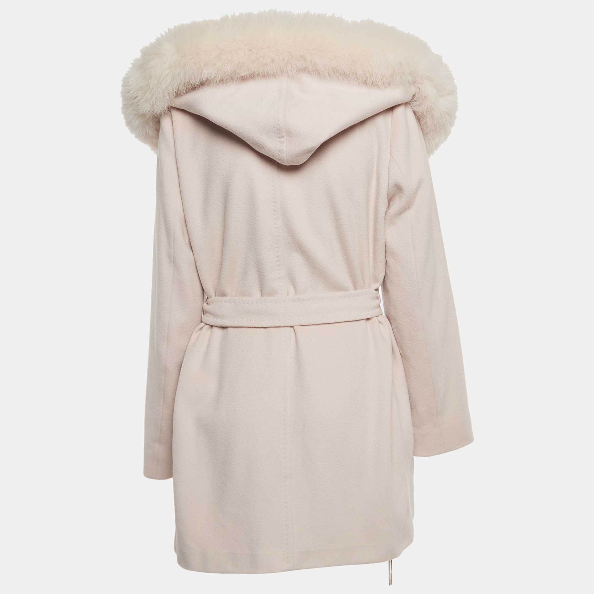 

Max Mara Studio Light Pink Wool Fur Trim Hood Belted Jacket