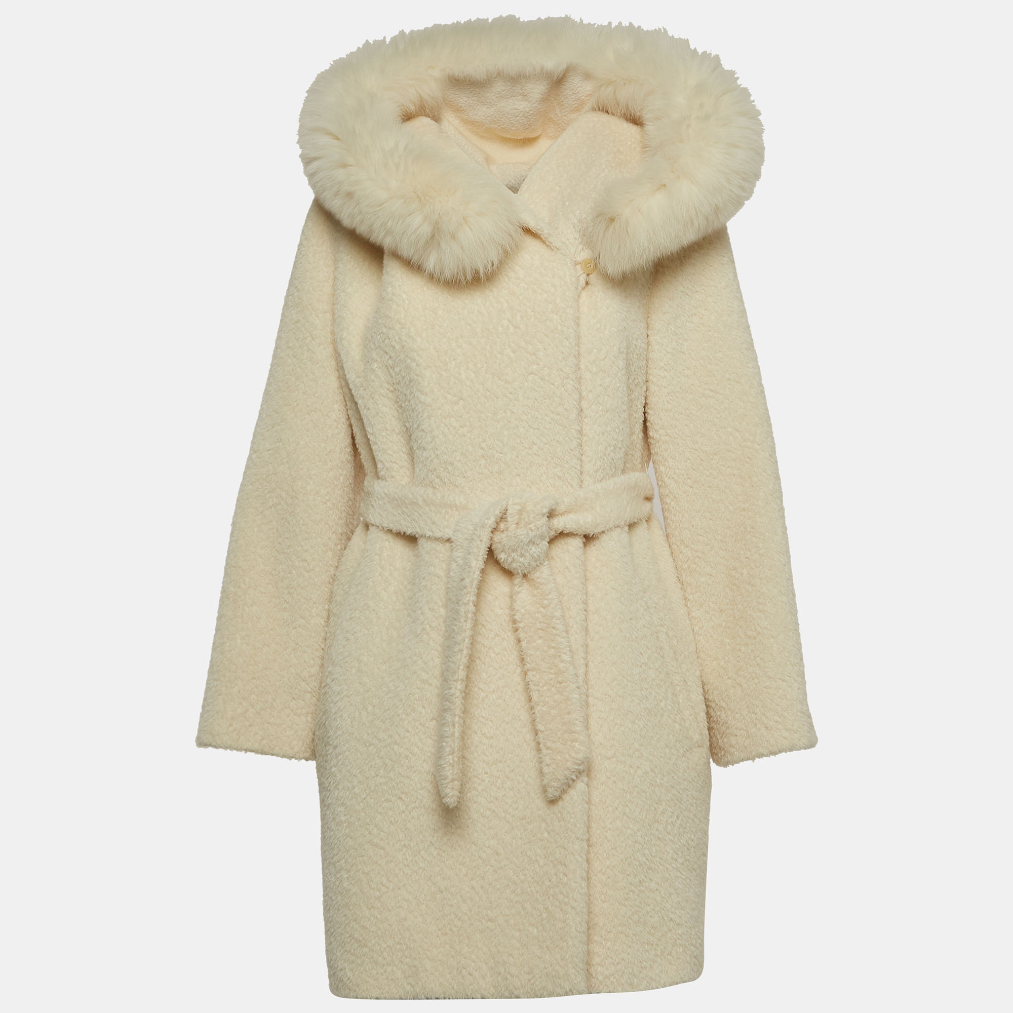 

Max Mara Studio Cream Fur Trim Wool Blend Belted Coat S