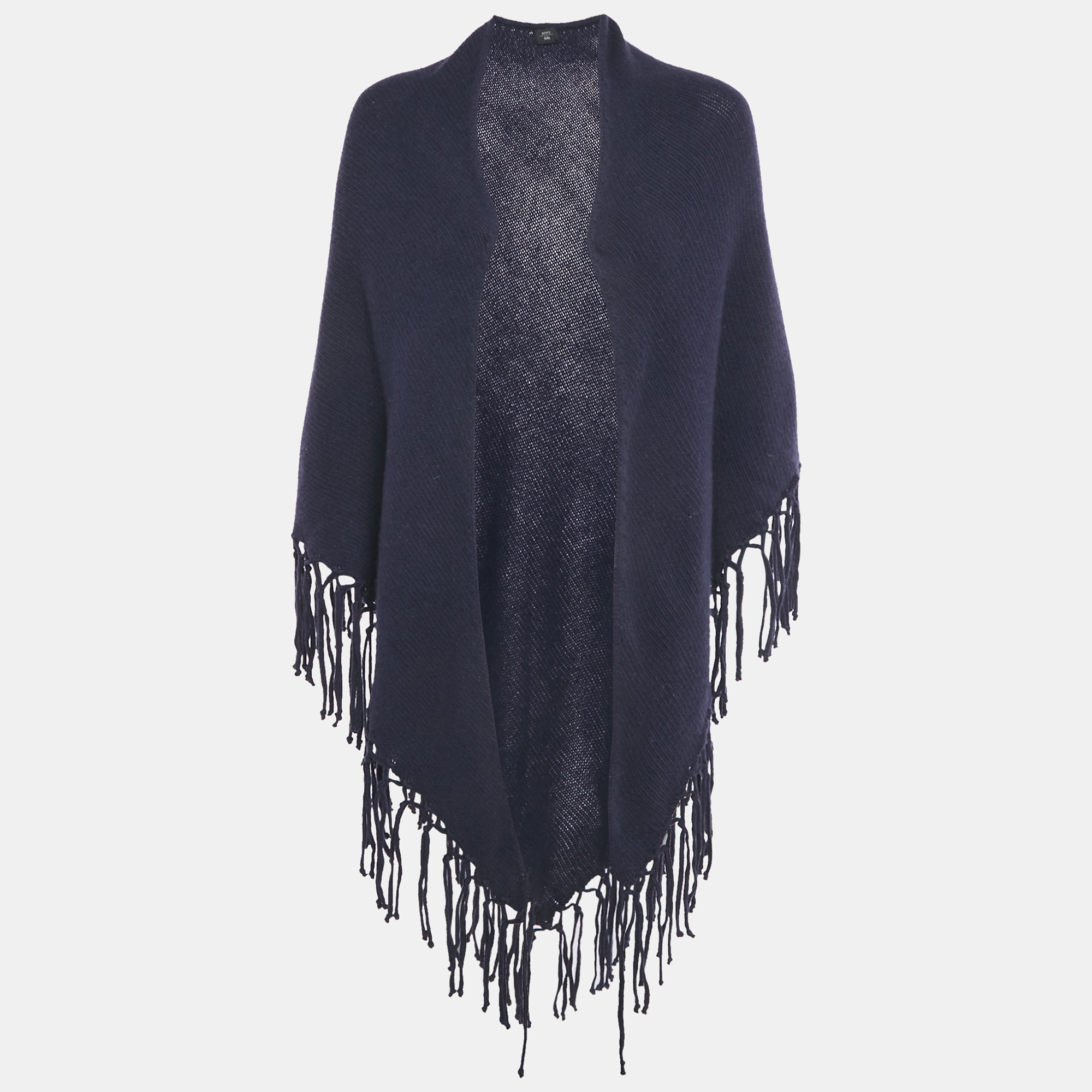 

Max Mara Navy Blue Wool Knit Fringed Triangular Shawl