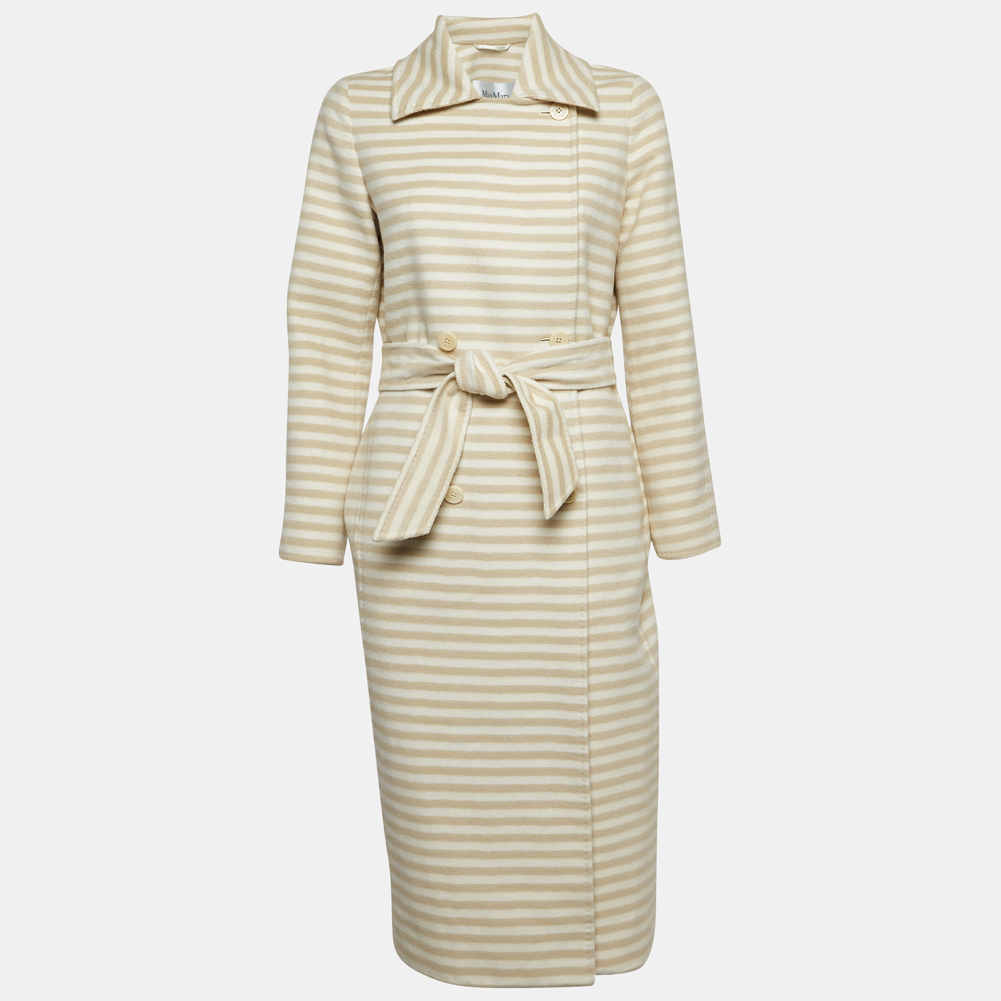 

Max Mara Beige/White Stripe Wool Double Breasted Belted Trench Coat S