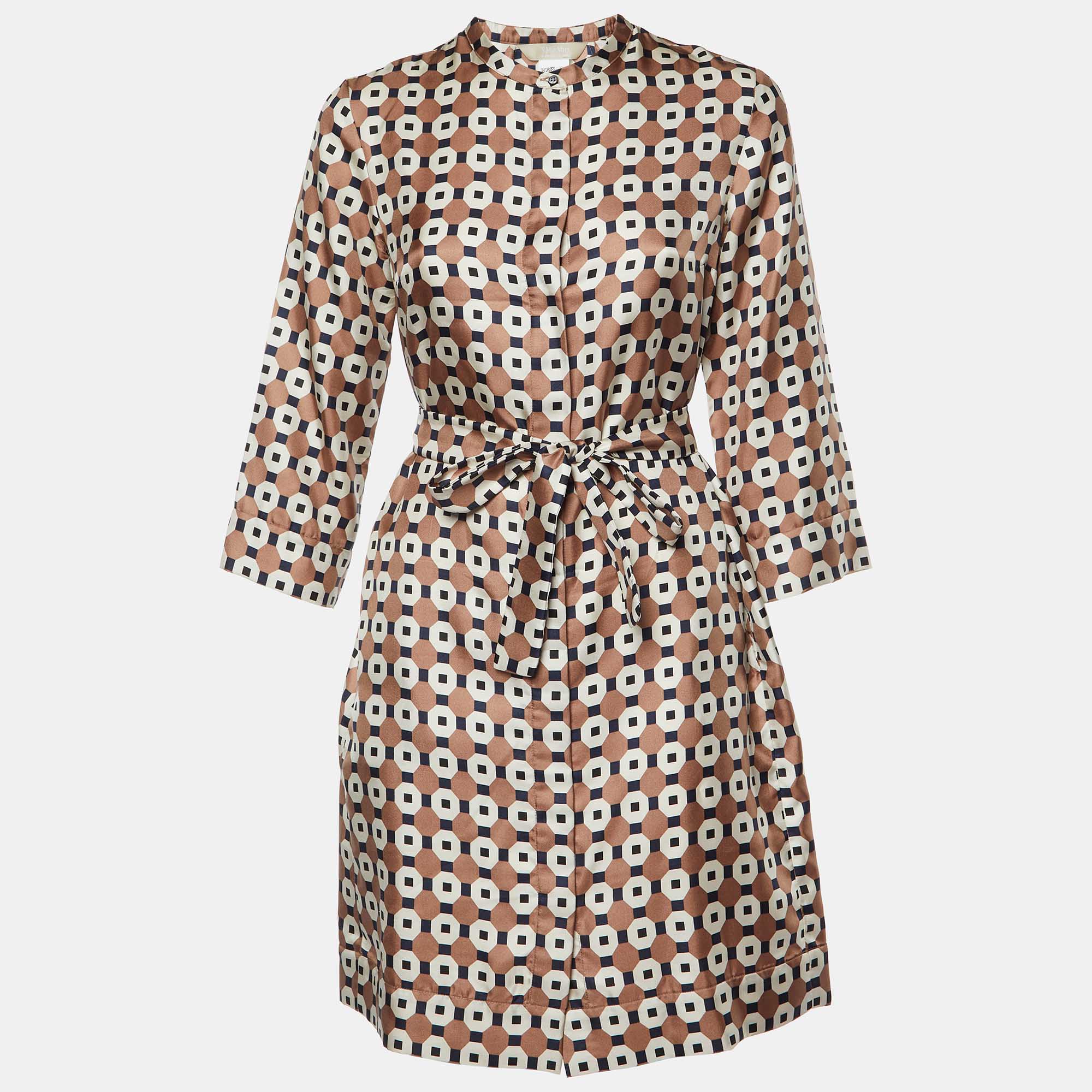 

S'Max Mara Brown Geometric Print Silk Belted Shirt Dress S