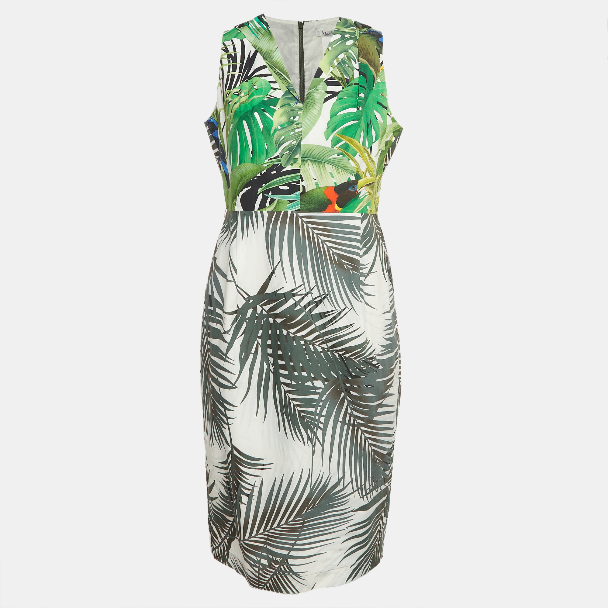 Pre-owned Max Mara Green Tropical Print Cotton Midi Dress L