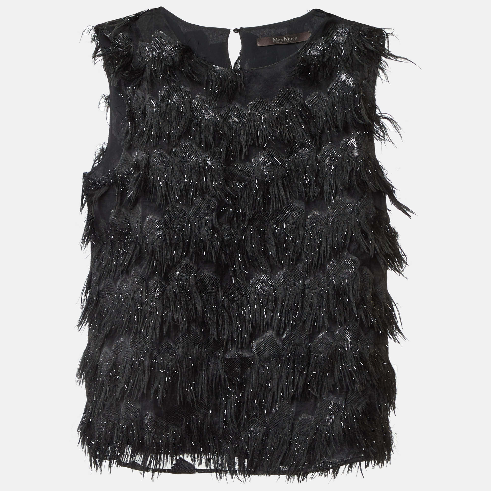 

Max Mara Black Lurex Silk Fringed Sleeveless Top L