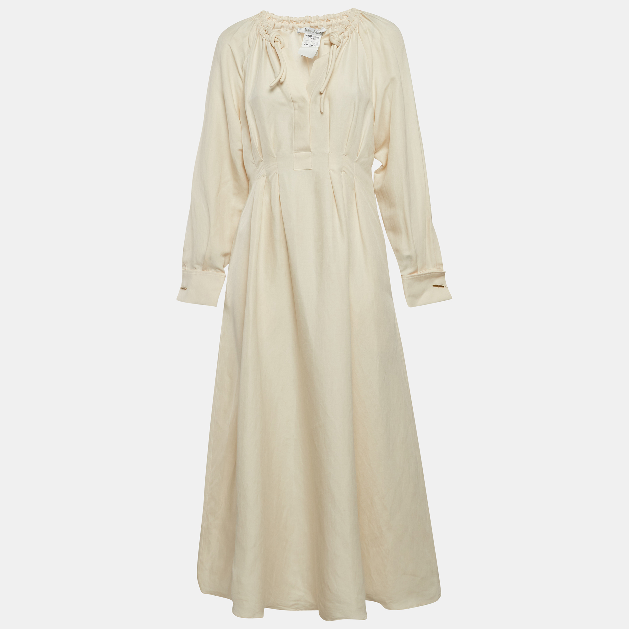 Pre-owned Max Mara Cream Linen Blend Pleated Midi Drina Dress M