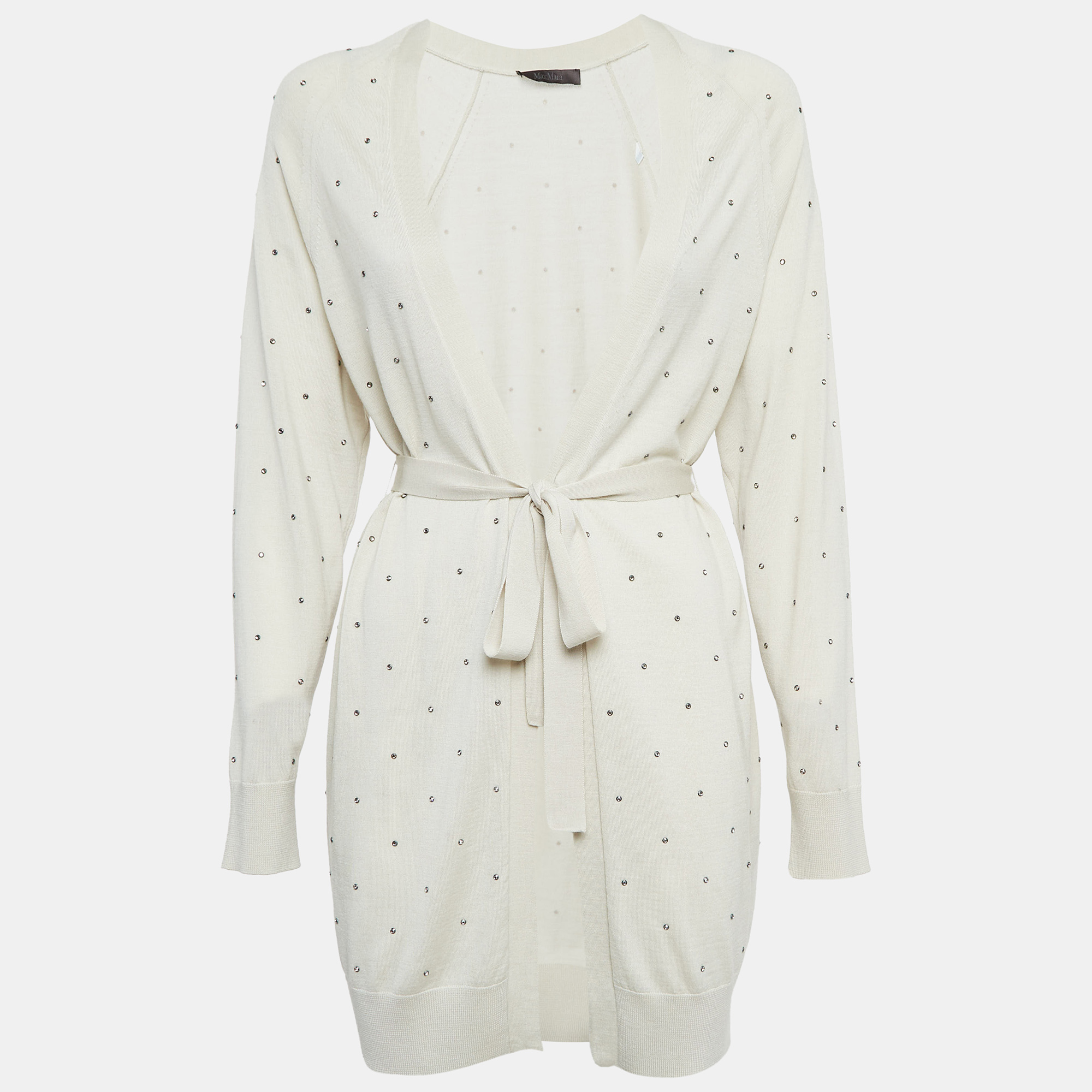 

Max Mara Off White Embellished Knit Open Front Cardigan M, Cream