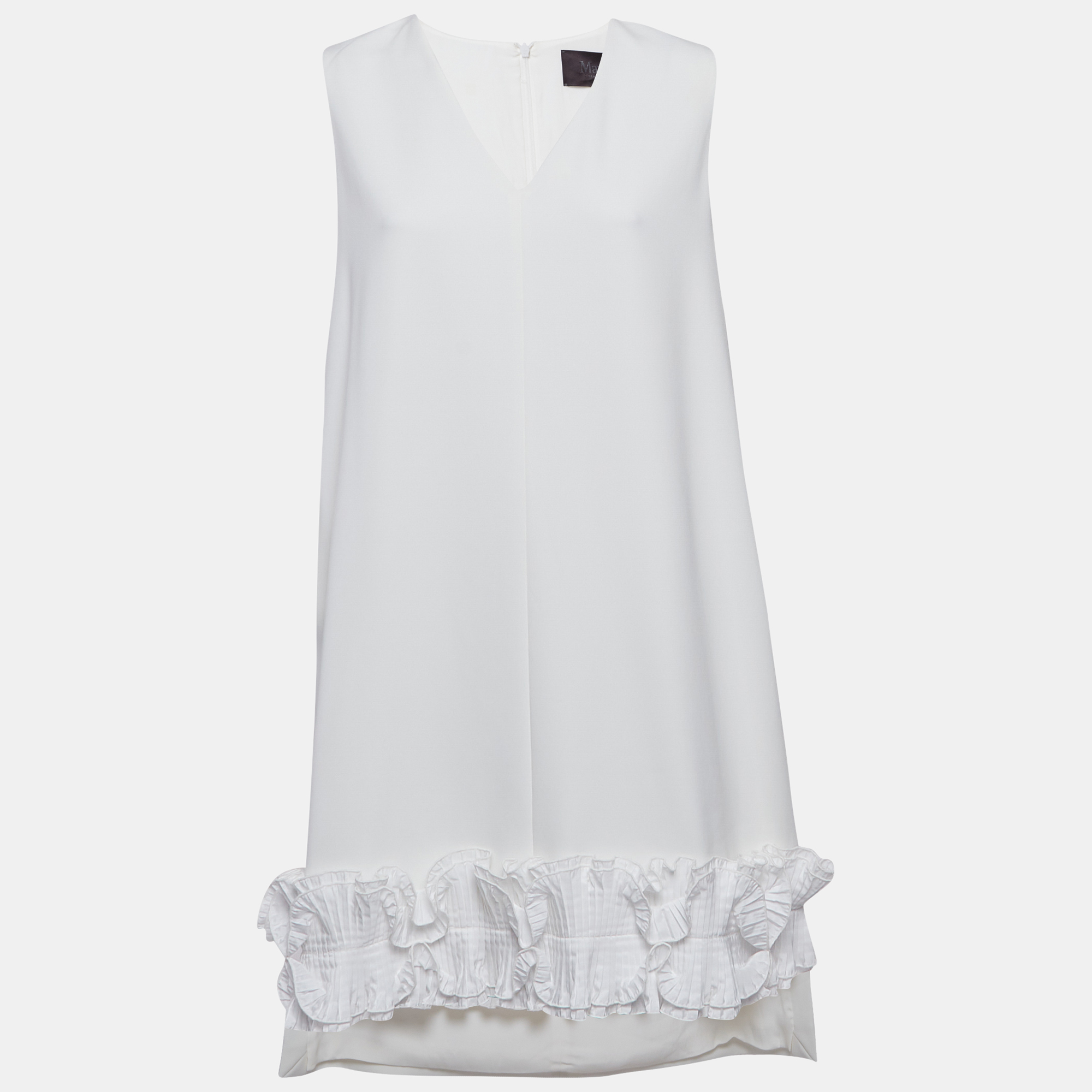 Pre-owned Max Mara White Crepe Ruffled Hem Sleeveless Tunic Top L