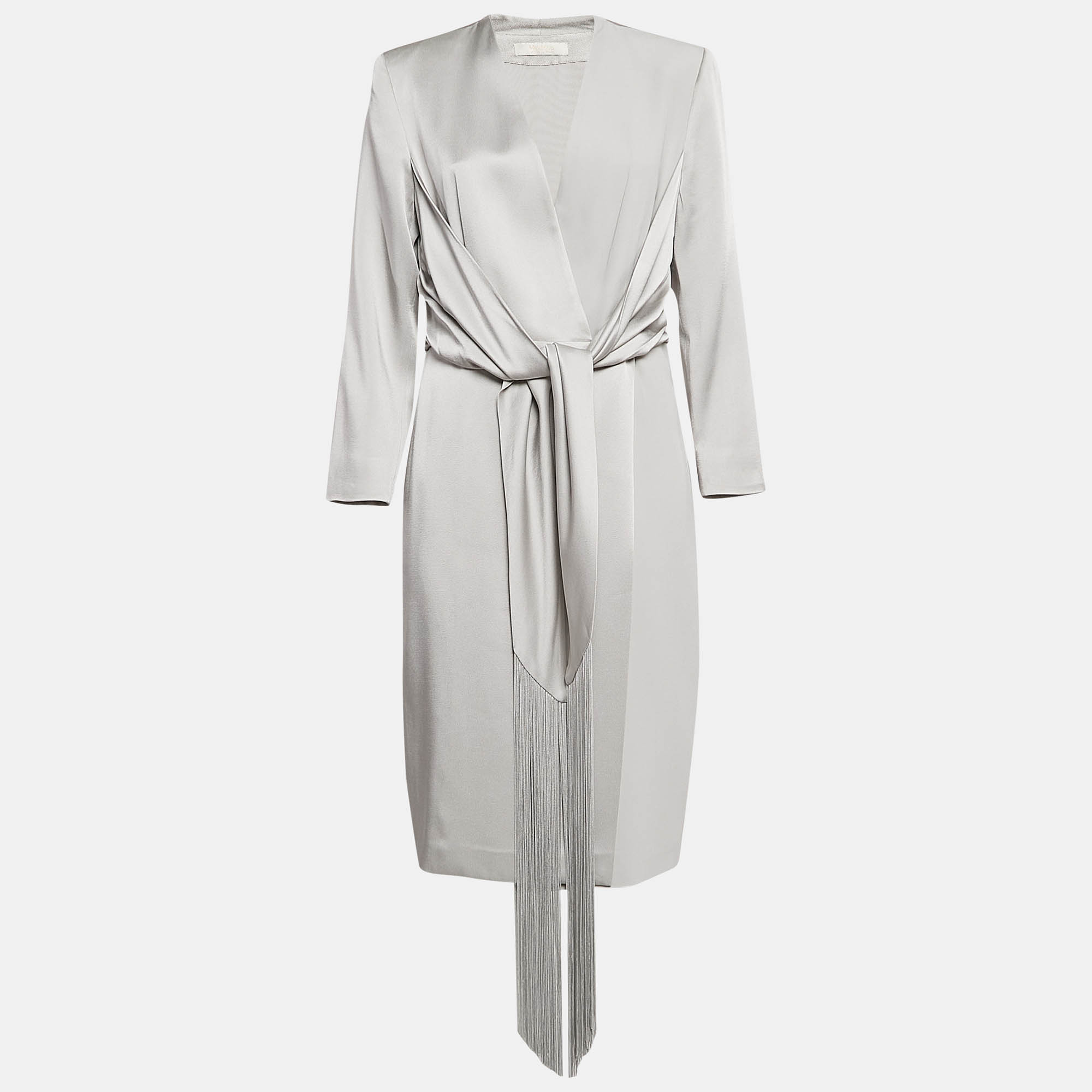 

Max Mara Grey Crepe Fringe Cuff Detail Wrap Dress L