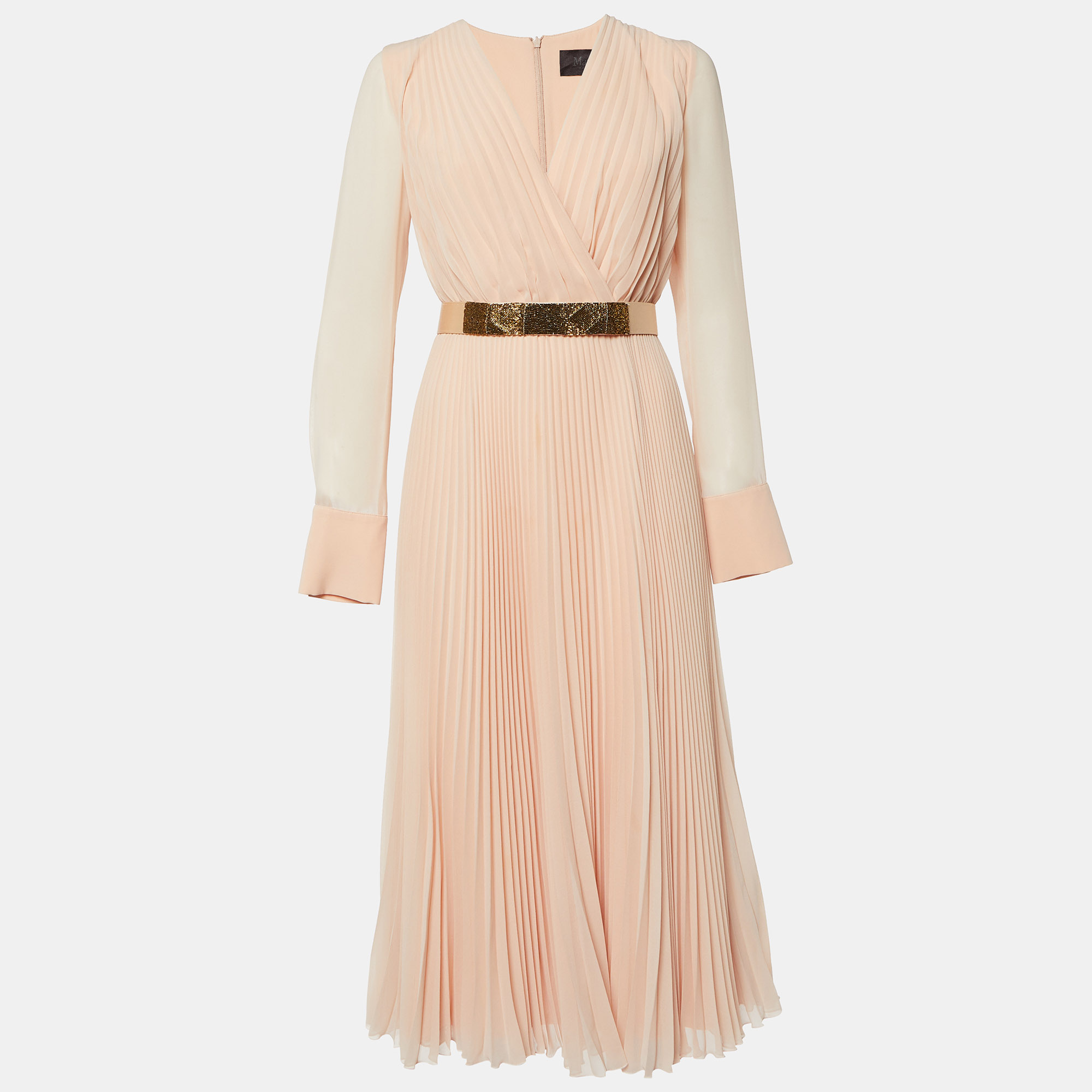 

Max Mara Light Orange Pleated Georgette Belt Detail Sidra Midi Dress M