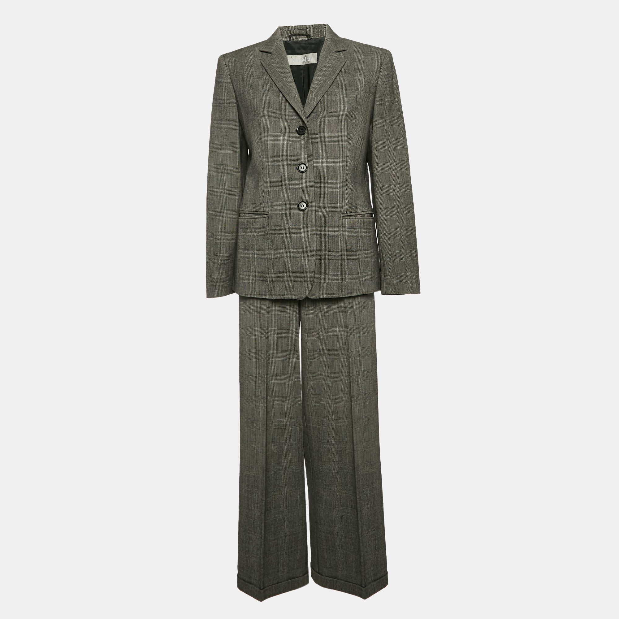 Pre-owned Max Mara Grey Plaid Wool Single Breasted Pants Suit M