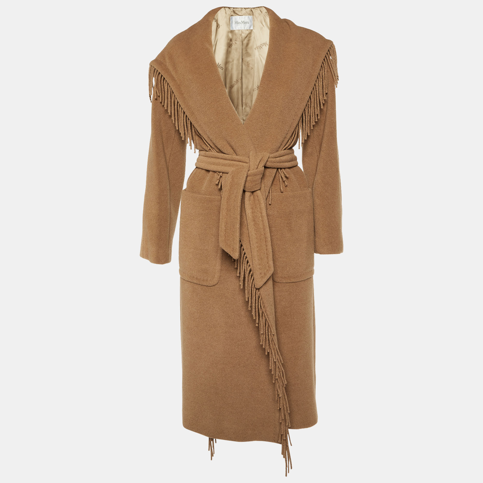 

Max Mara Brown Camel Wool Fringed Wrap Coat S