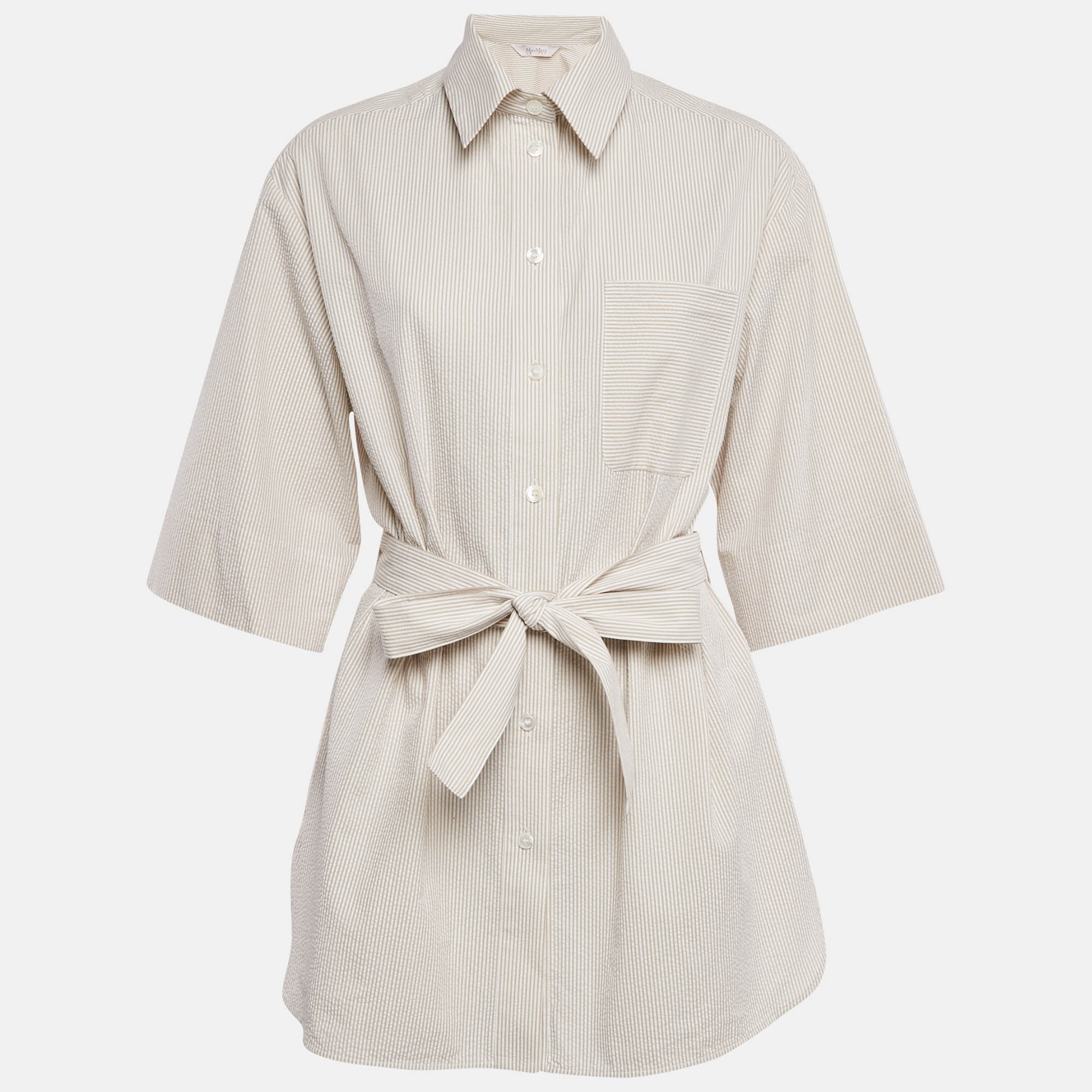 

Max Mara Leisure Beige Seersucker Stripe Cotton Tie-Up Waist Detail Shirt L