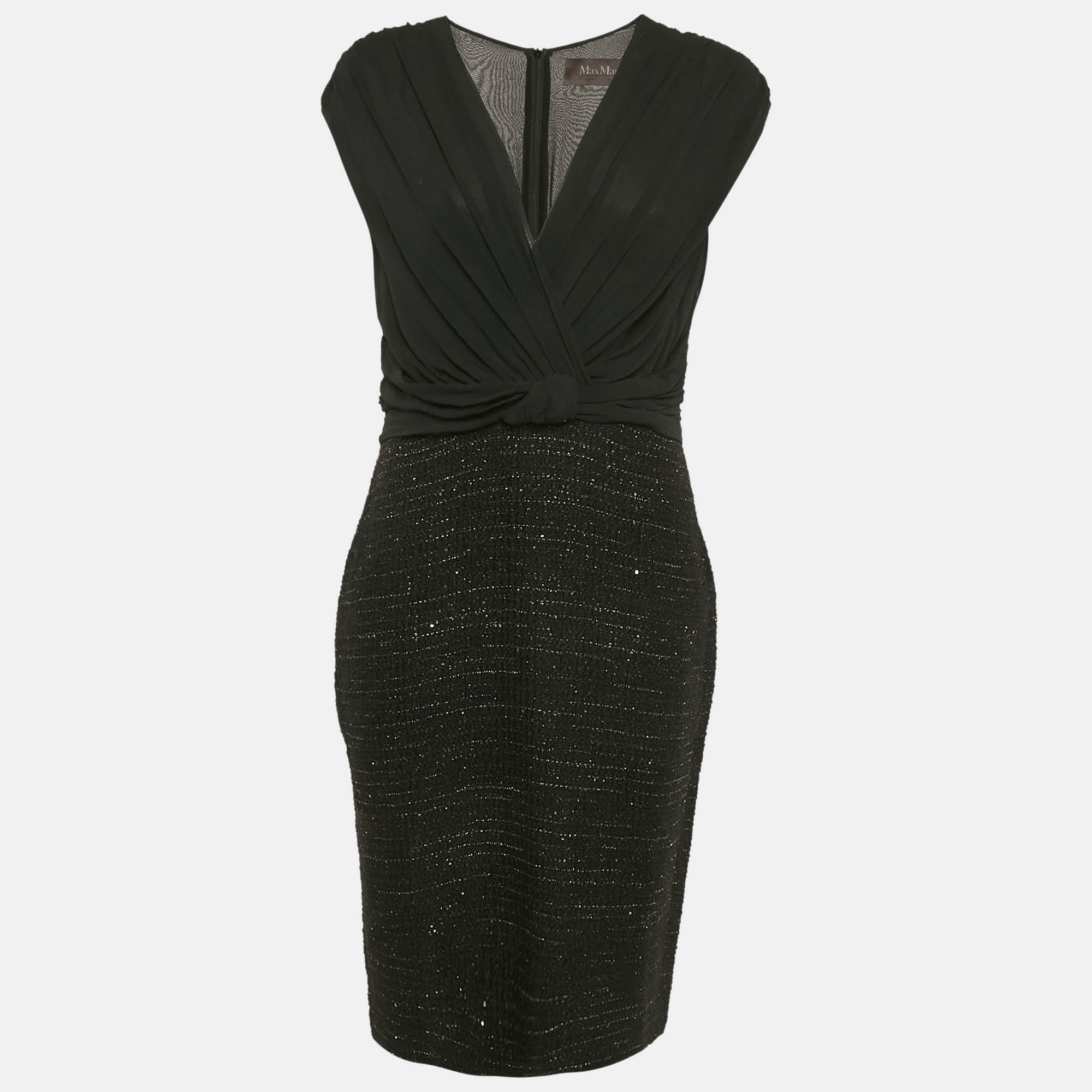 

Max Mara Black Tweed and Silk Draped V-Neck Short Dress M