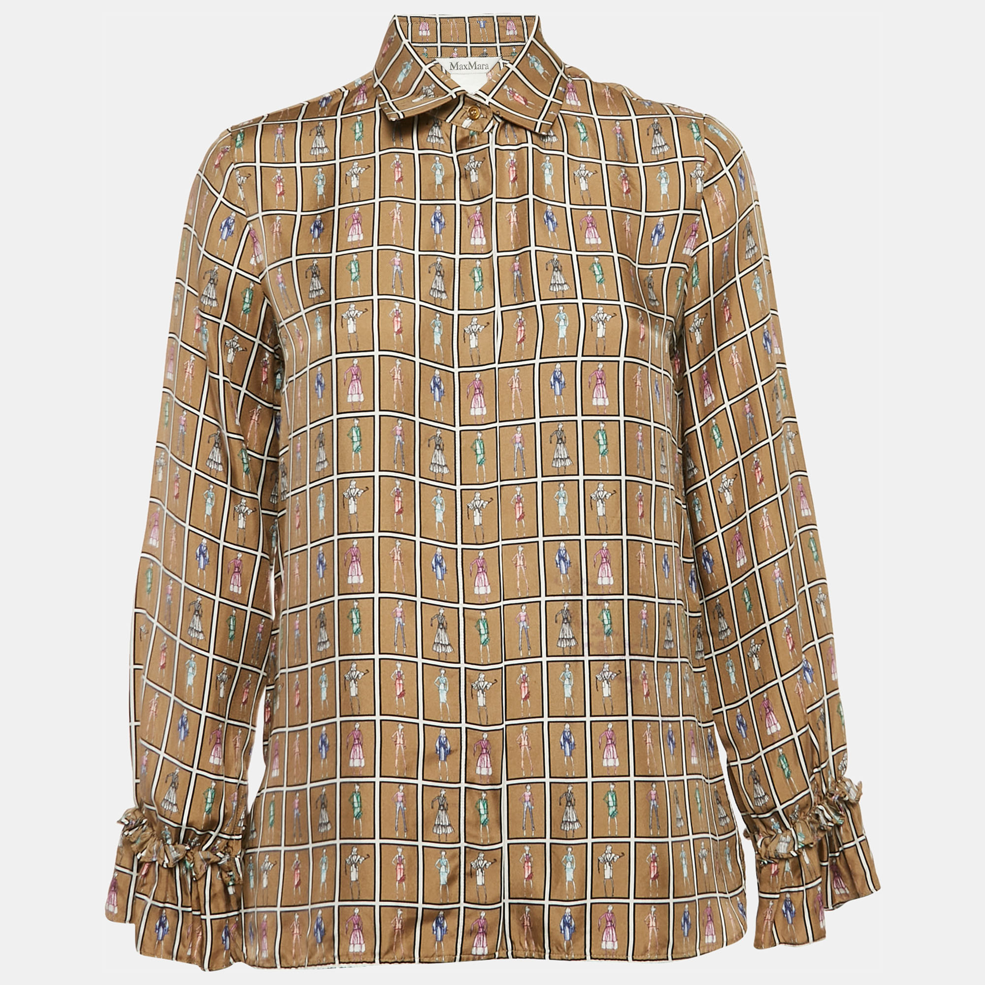 

Max Mara Dark Beige Figures Print Silk Buttoned Shirt S