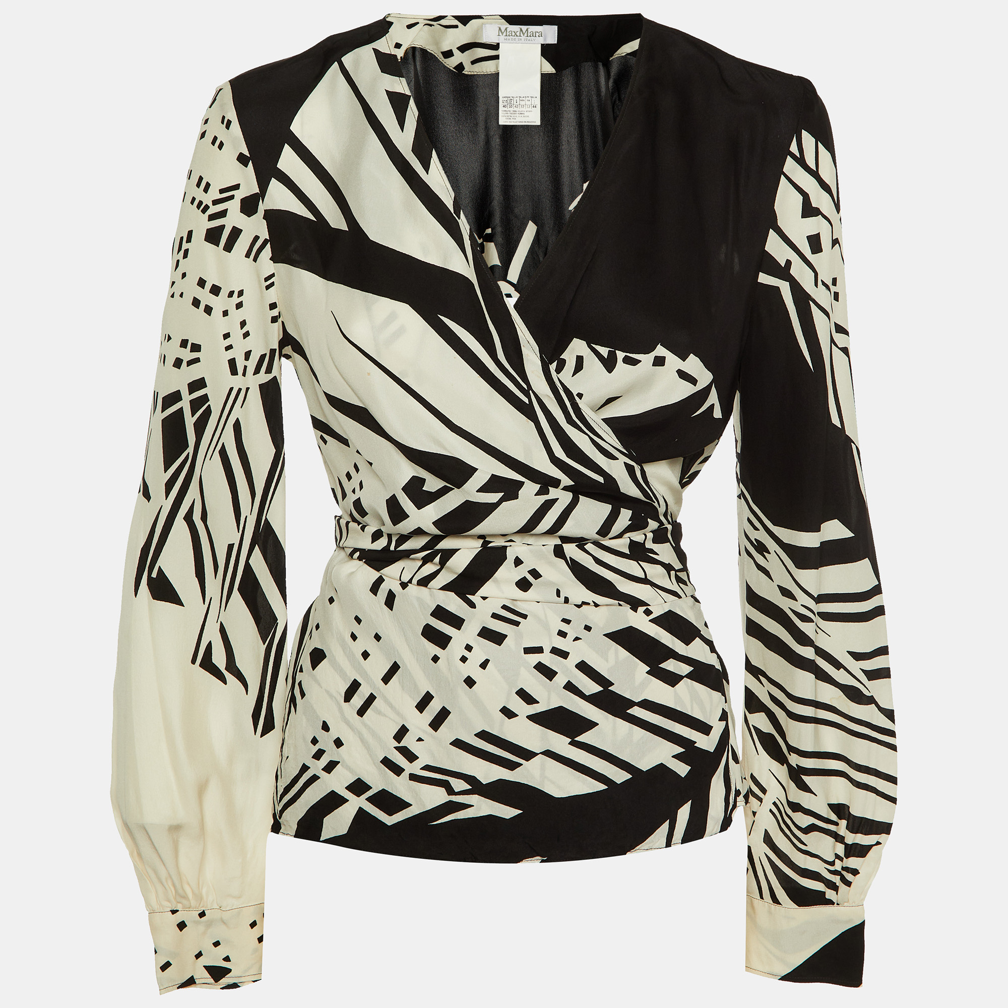 

Max Mara Monochrome Printed Silk Wrap Top M, White