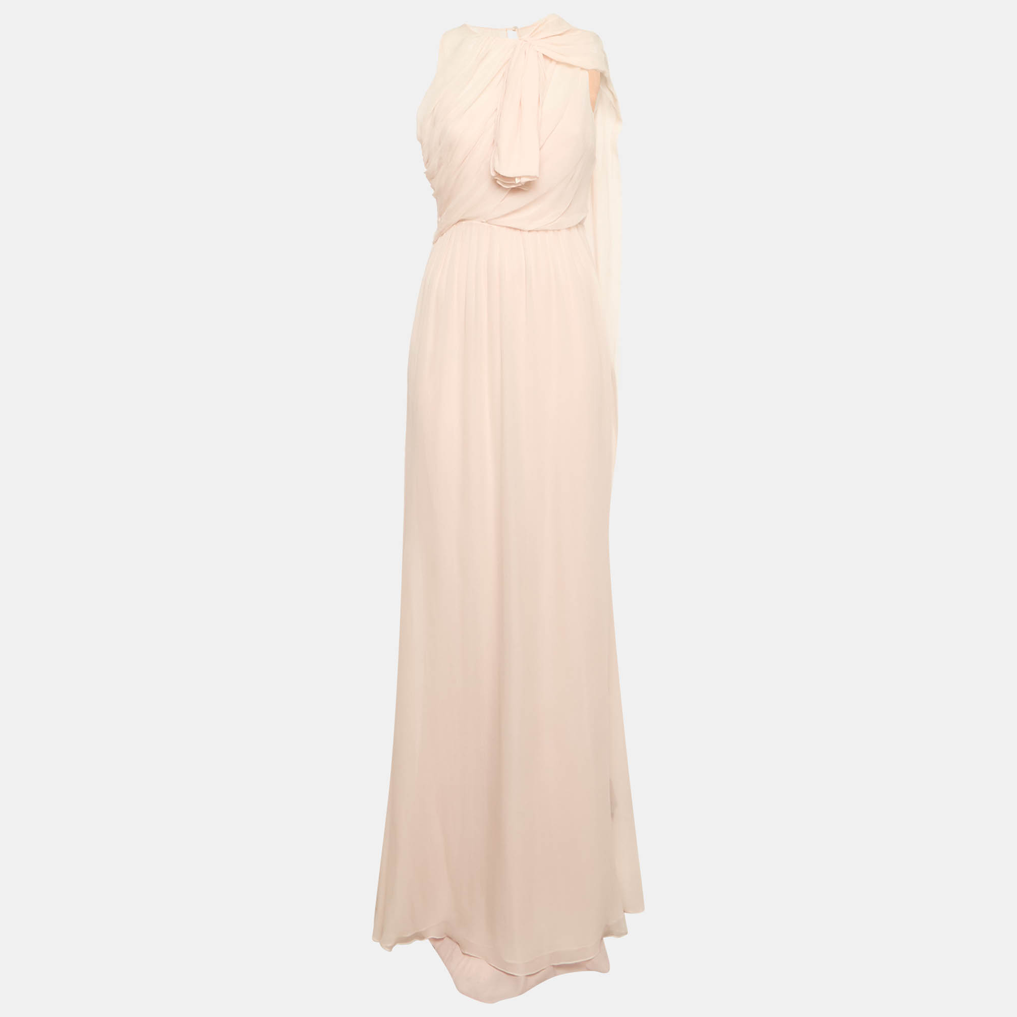 

Max Mara Pink Silk Chiffon Gathered Sleeveless Long Dress S