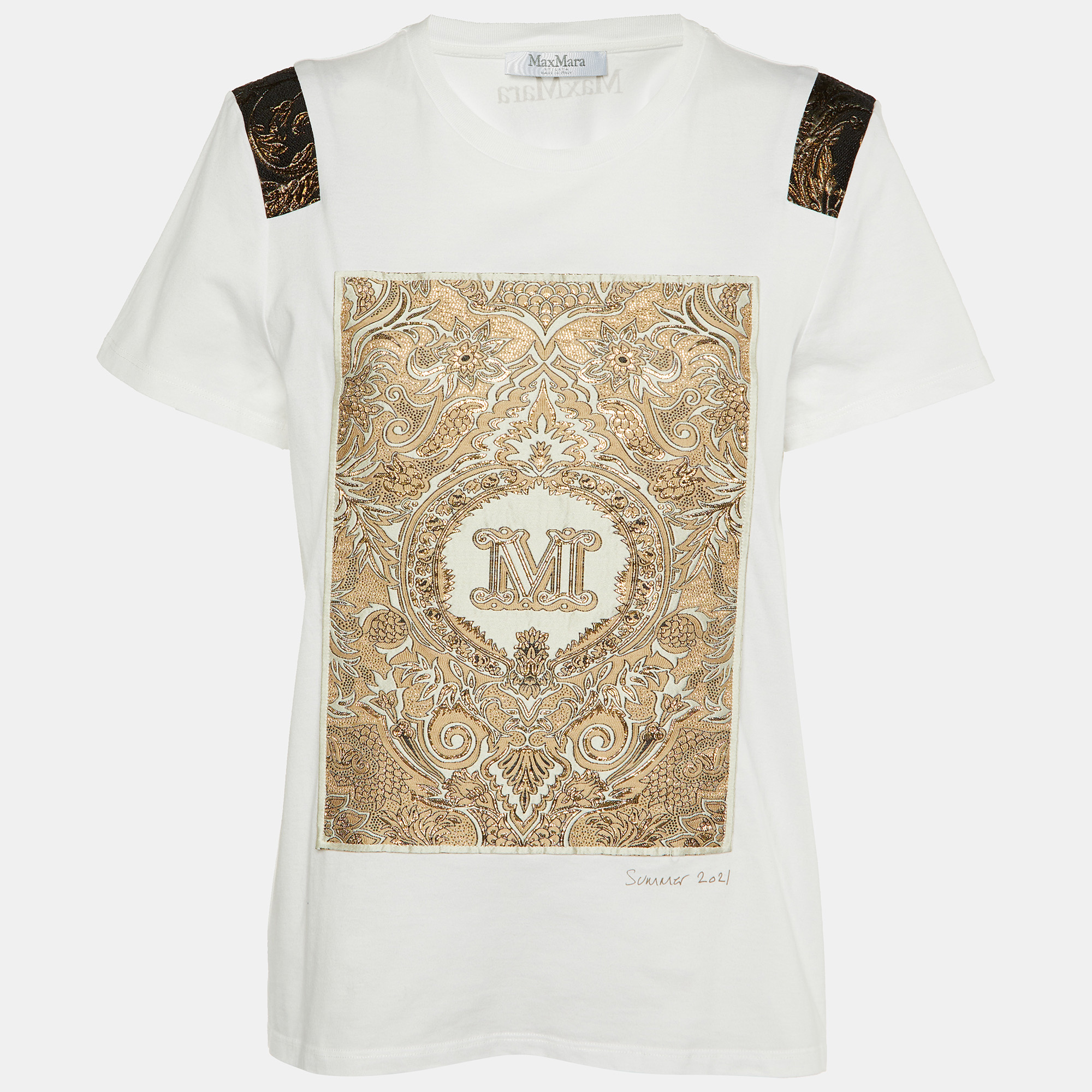 

Max Mara White/Gold Patched Cotton Crew Neck T-Shirt L