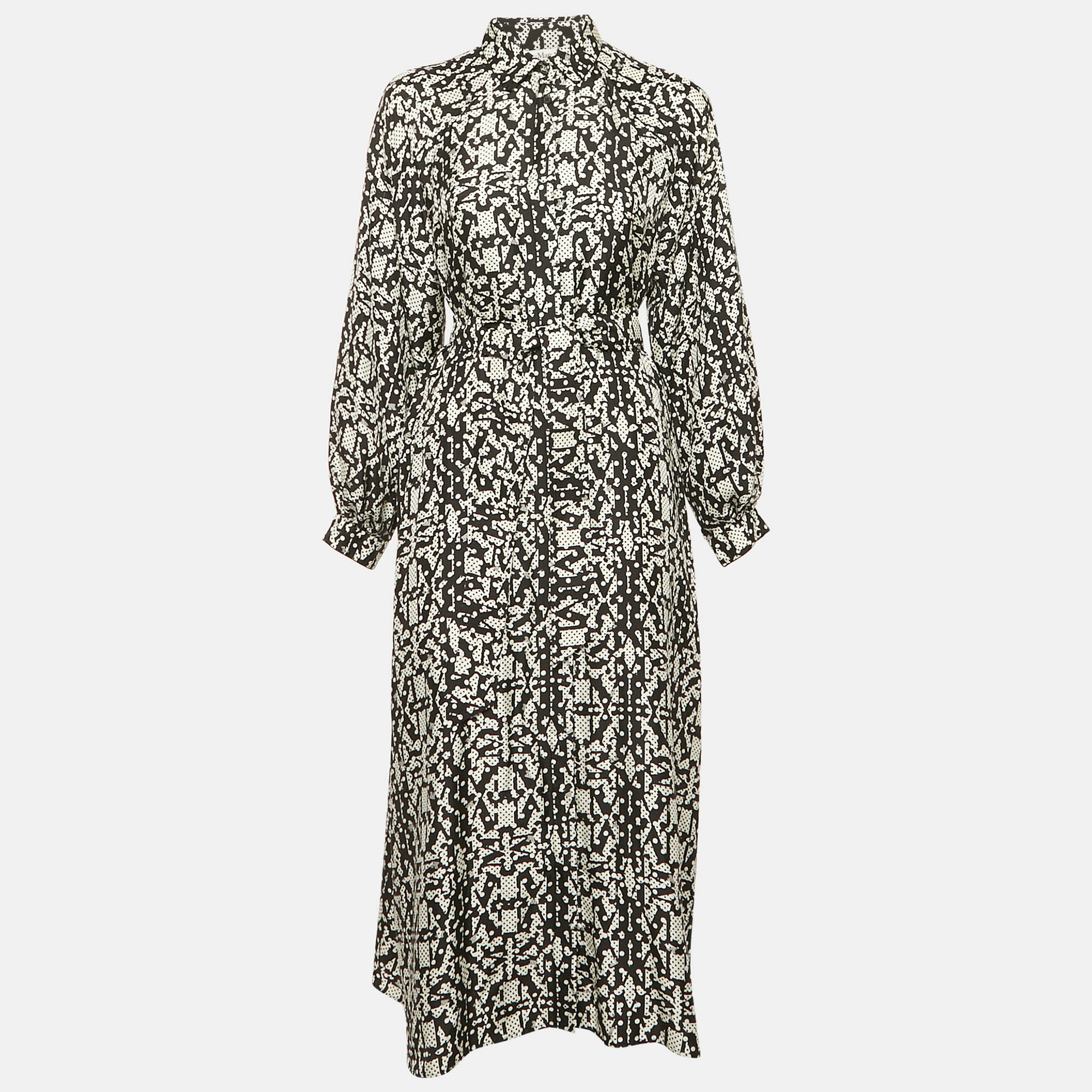 

Max Mara Black Printed Silk Belted Alpe Midi Dress M