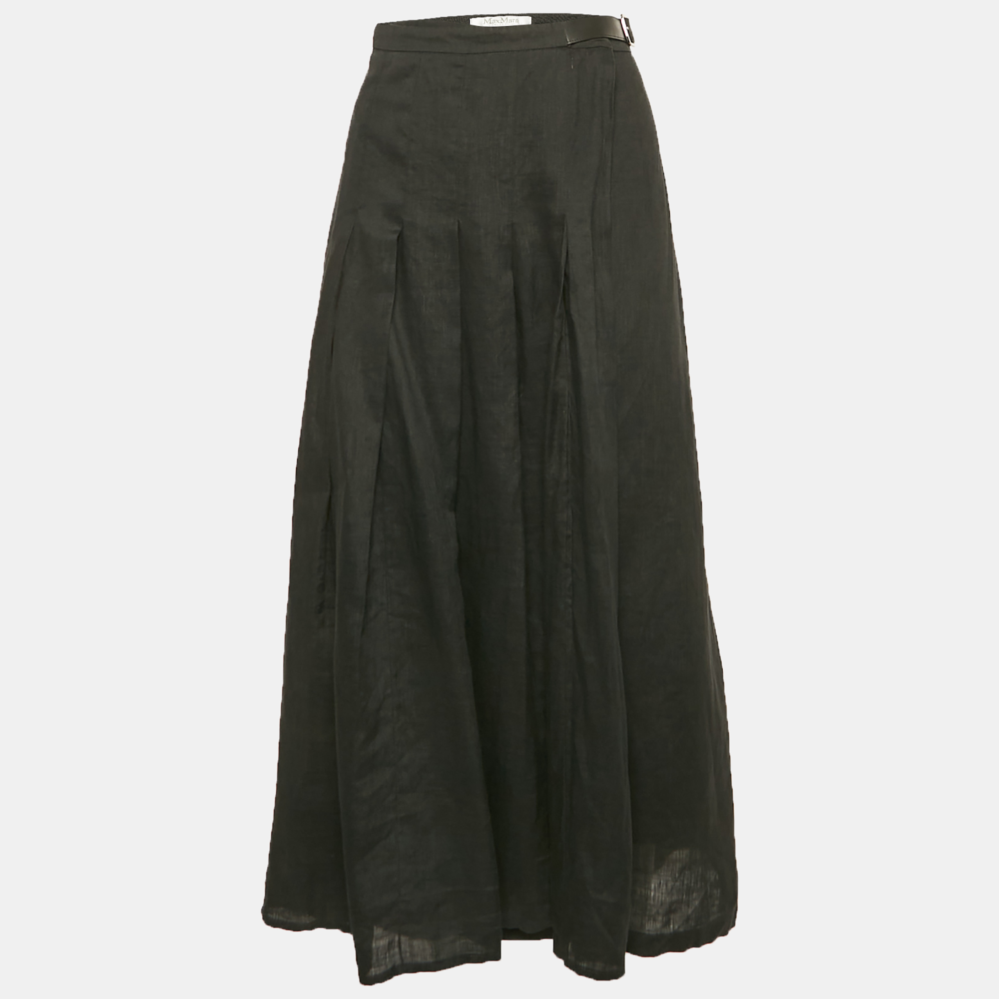 

Max Mara Black Linen Pleated Maxi Wrap Skirt L
