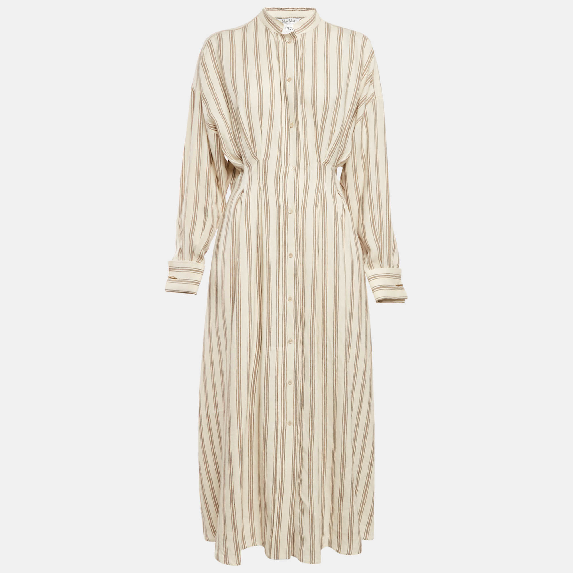 

Max Mara Cream & Brown Striped Linen Cinched Waist Maxi Dress M