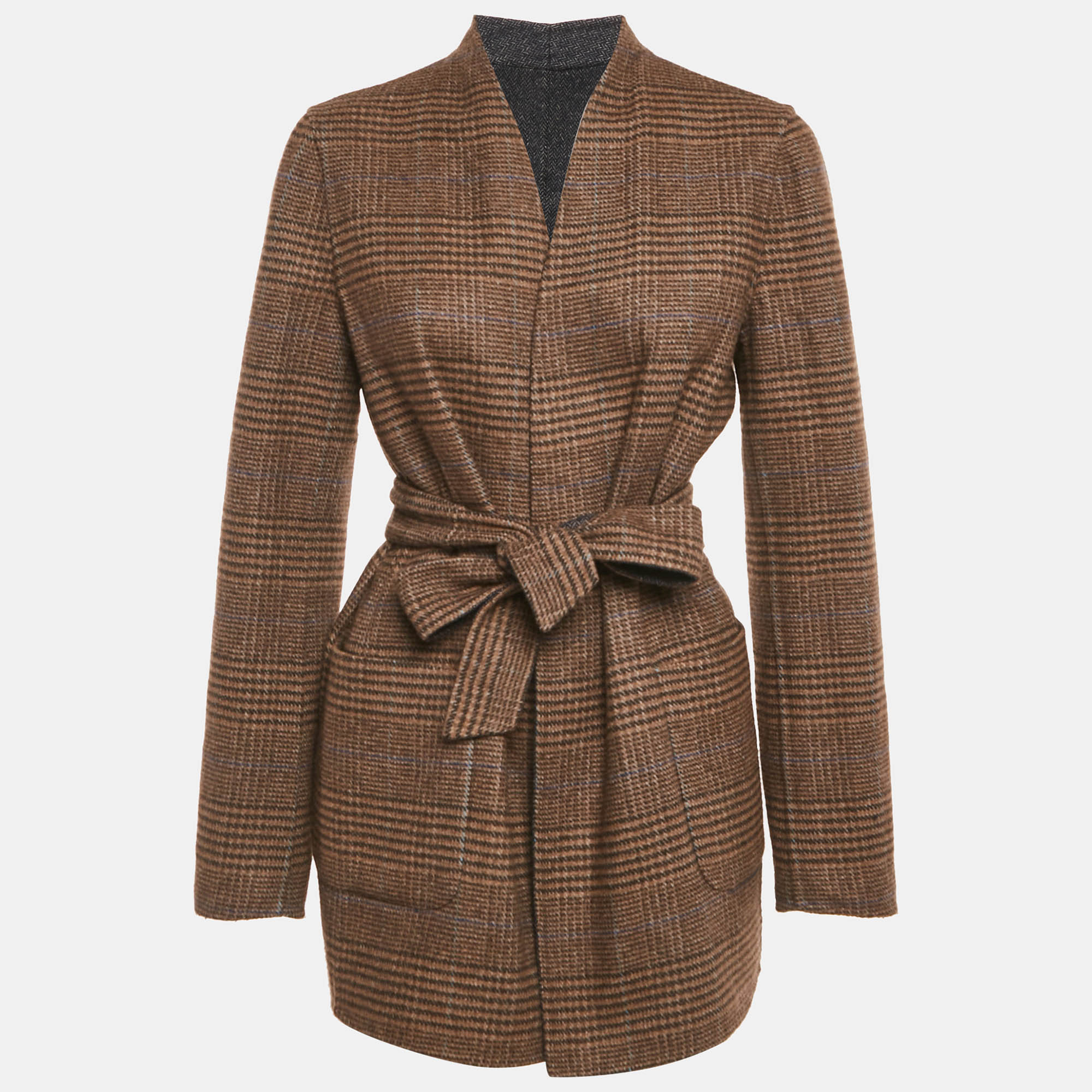 

Max Mara Navy Blue & Brown Patterned Intarsia Wool Reversible Belt Coat M