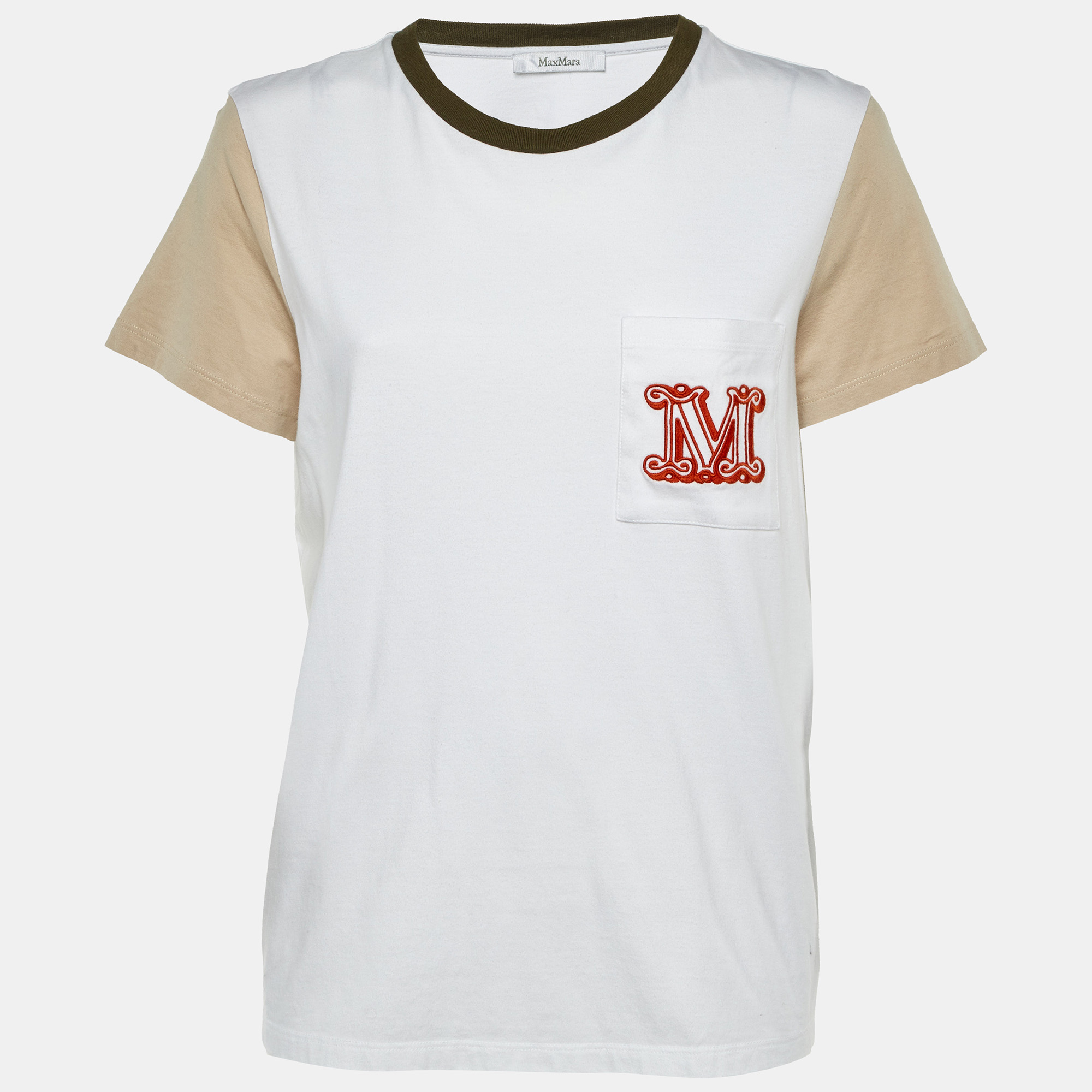 Pre-owned Max Mara White Cotton Logo Embroidered Crew Neck T-shirt L