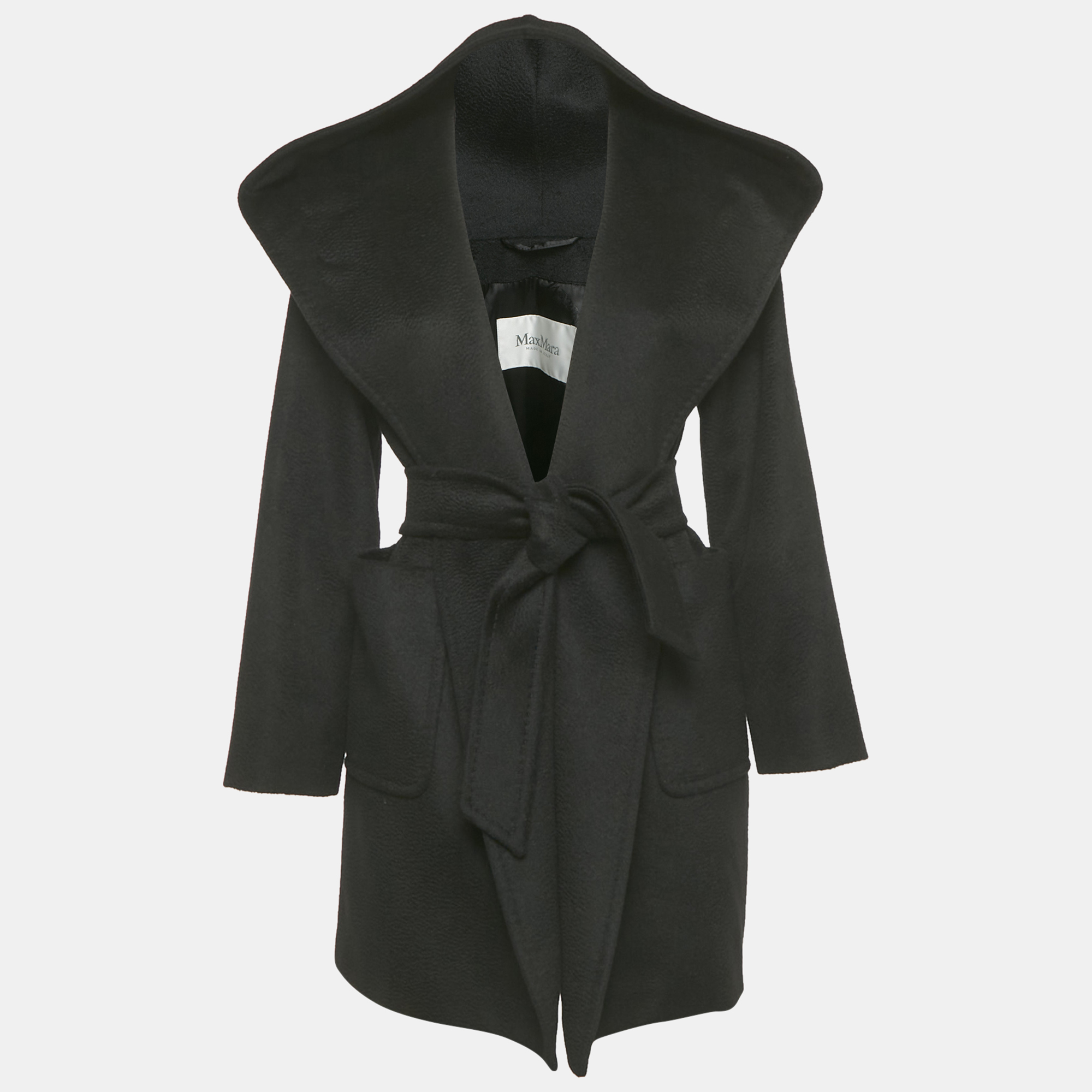 

Max Mara Black Camel Hair Open Front Hooded Coat S
