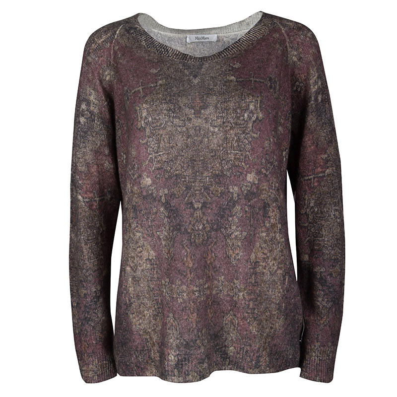 Pre Owned Max Mara Multicolor Floral Pattern Rib Trim Cashmere Sweater M