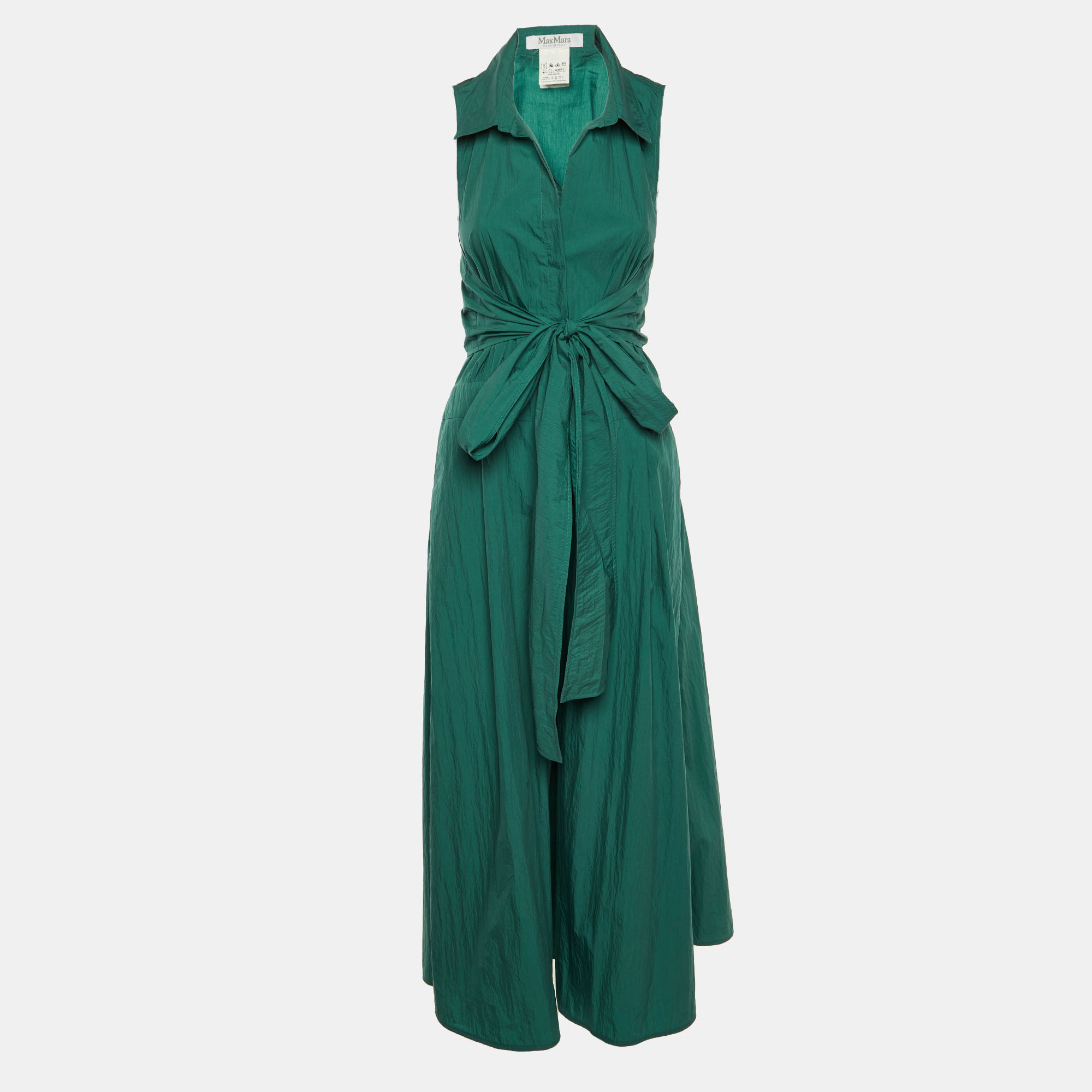 Pre-owned Max Mara Green Cotton Tie Detail Maxi Dress L