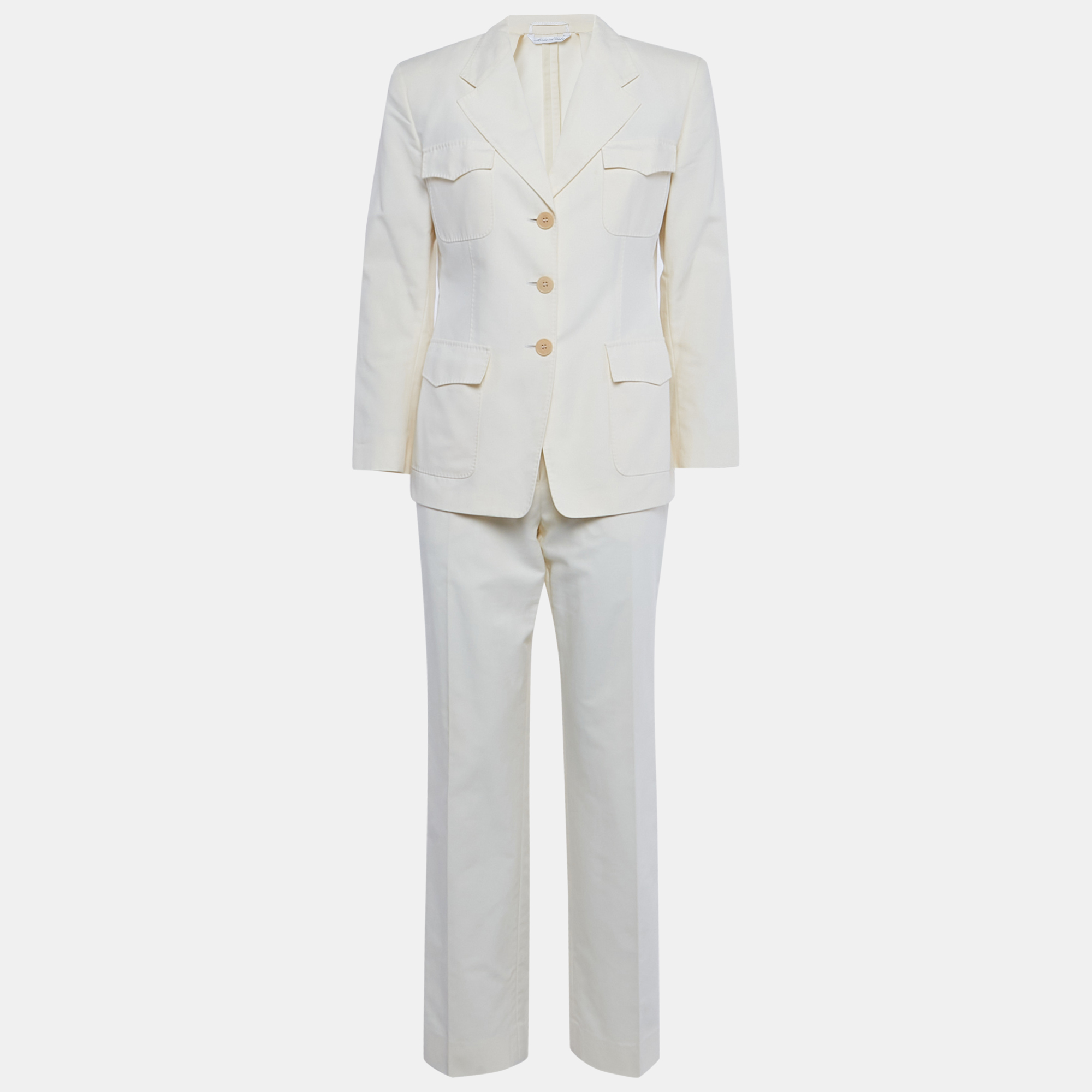 Pre-owned Max Mara Cream Cotton Blazer & Pants Suit S In White
