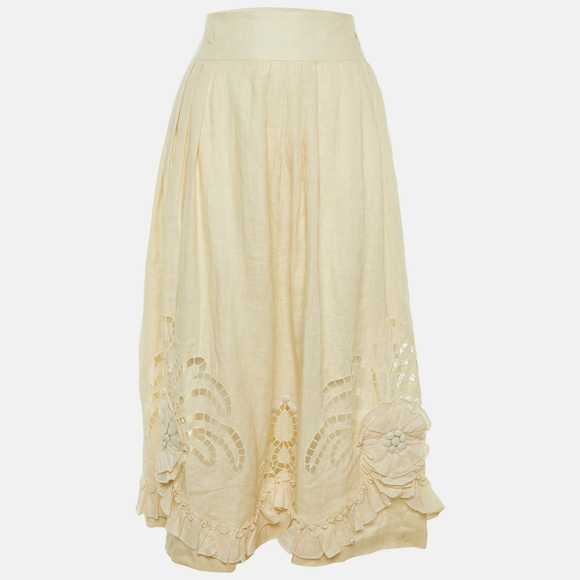 Pre-owned Max Mara Cream Linen Cut-work Detail Midi Skirt L In White
