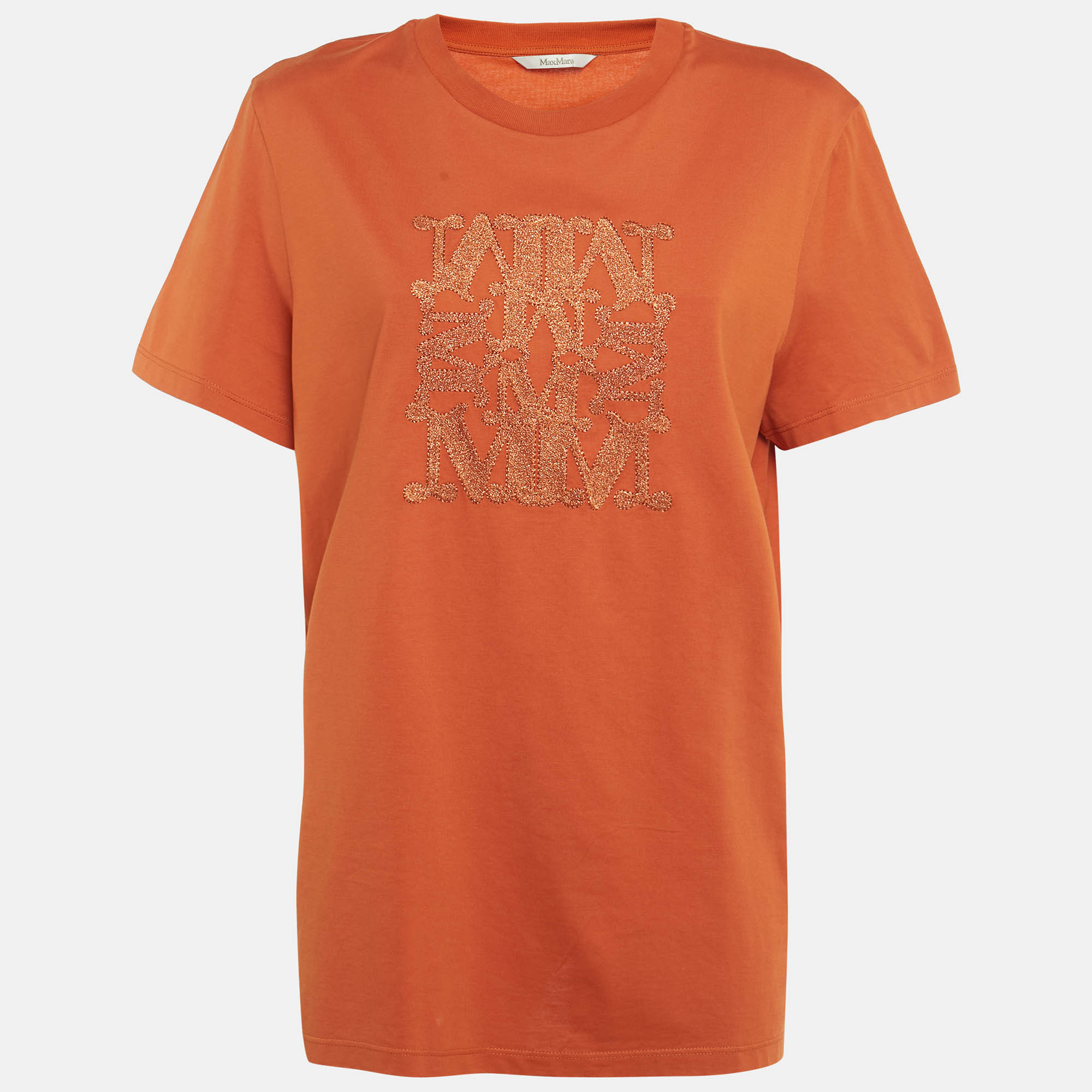 

Max Mara Orange Lurex Logo Embroidery Cotton Crew Neck T-Shirt L