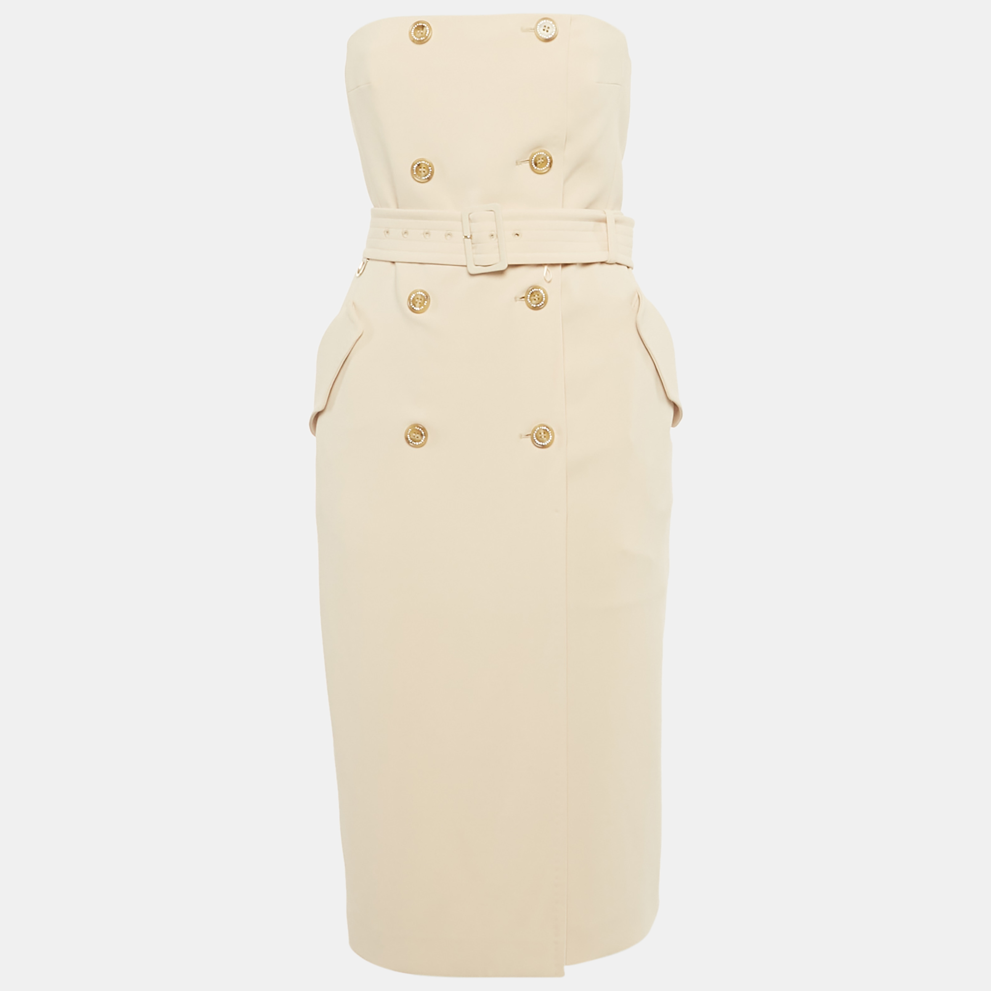 Pre-owned Max Mara Beige Crepe Strapless Double Breasted Midi Dress S In Sand