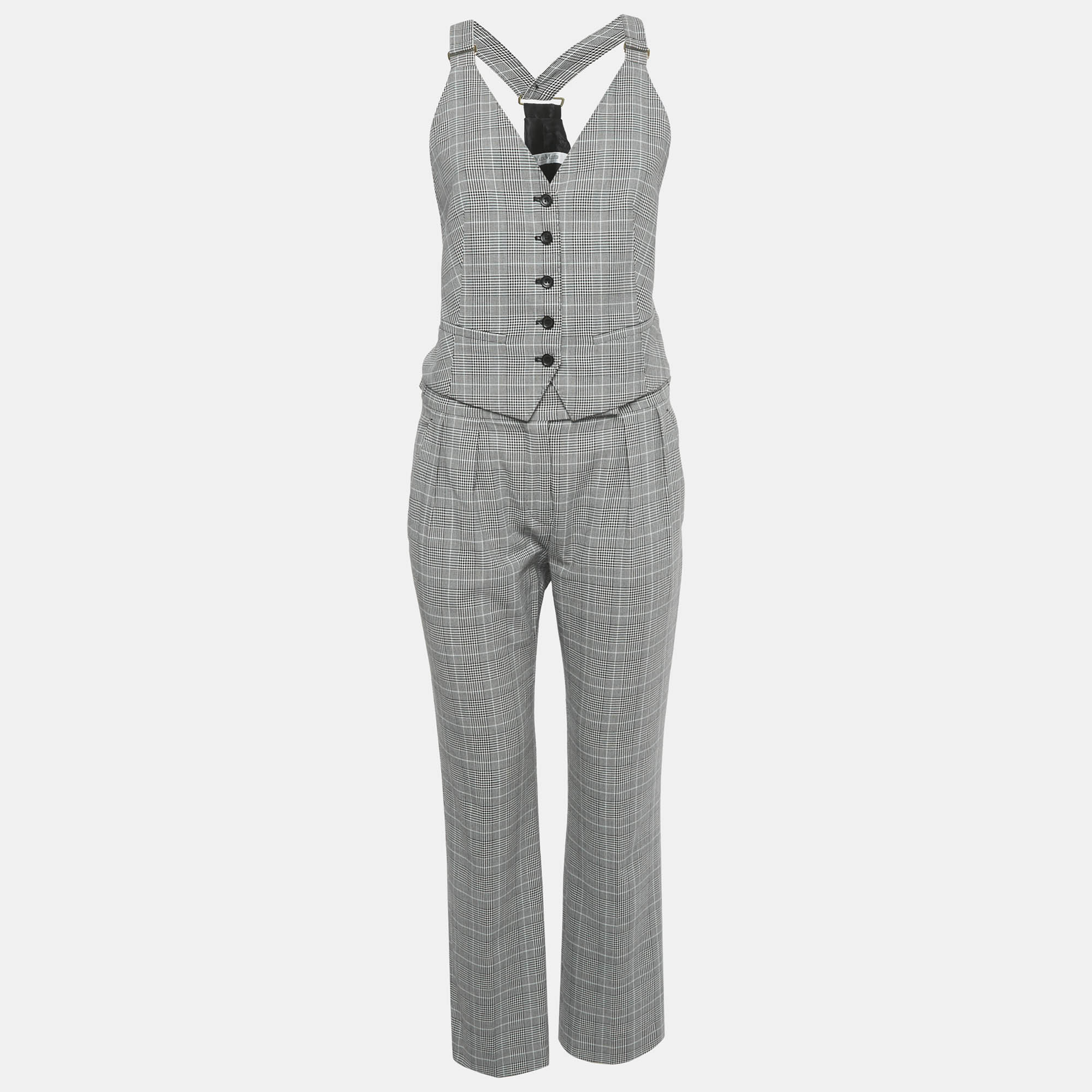 Pre-owned Max Mara Black/white Prince Of Wales Print Cotton Vest Coat Trouser Set S/xs