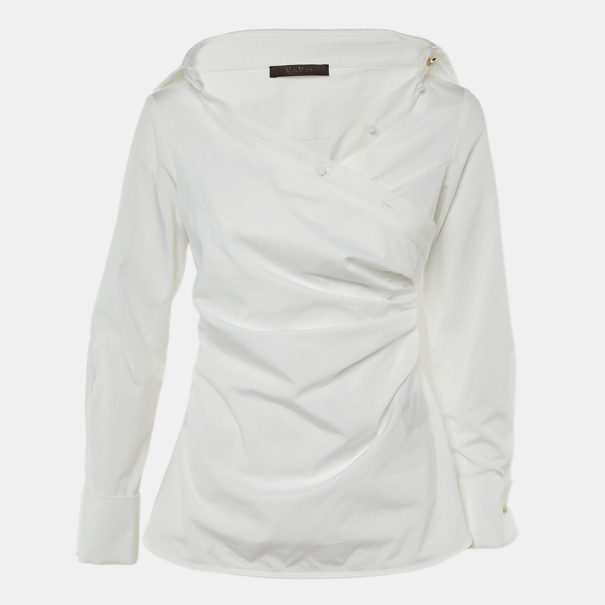 Pre-owned Max Mara White Cotton Ruched Asymmetric Top S