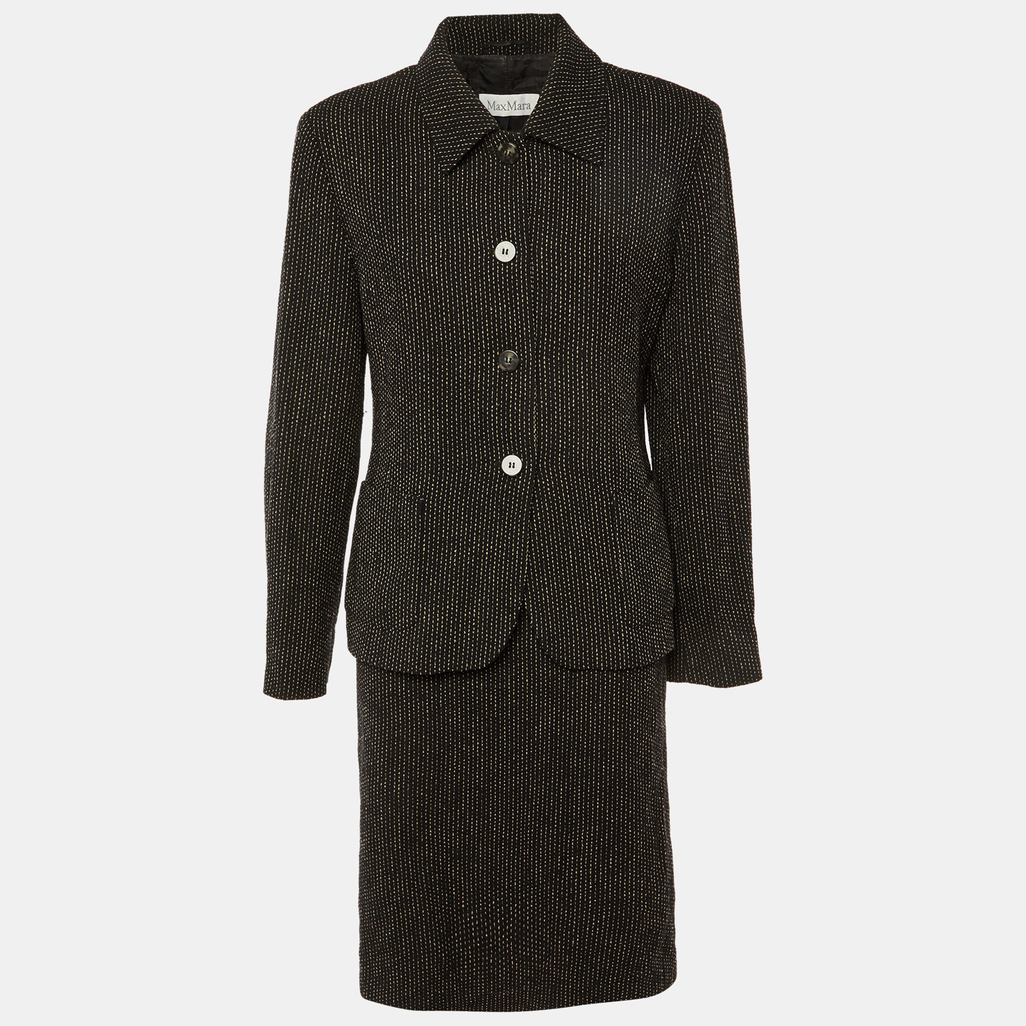 Pre-owned Max Mara Black Stitch Pattern Wool Skirt Suit L