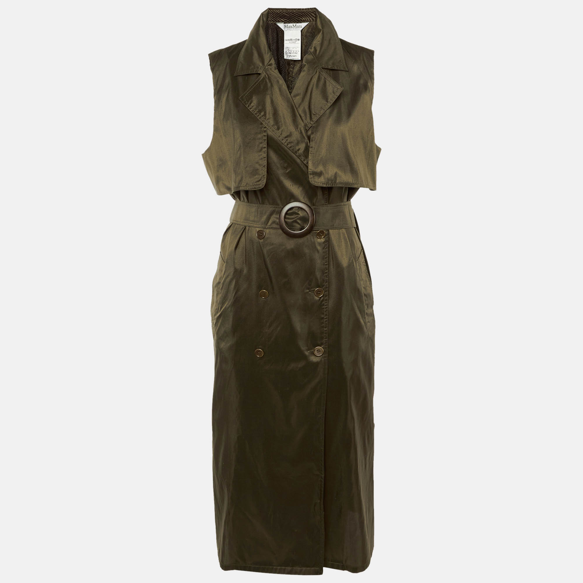 Pre-owned Max Mara Olive Green Silk Sleeveless Trench Midi Dress Xl